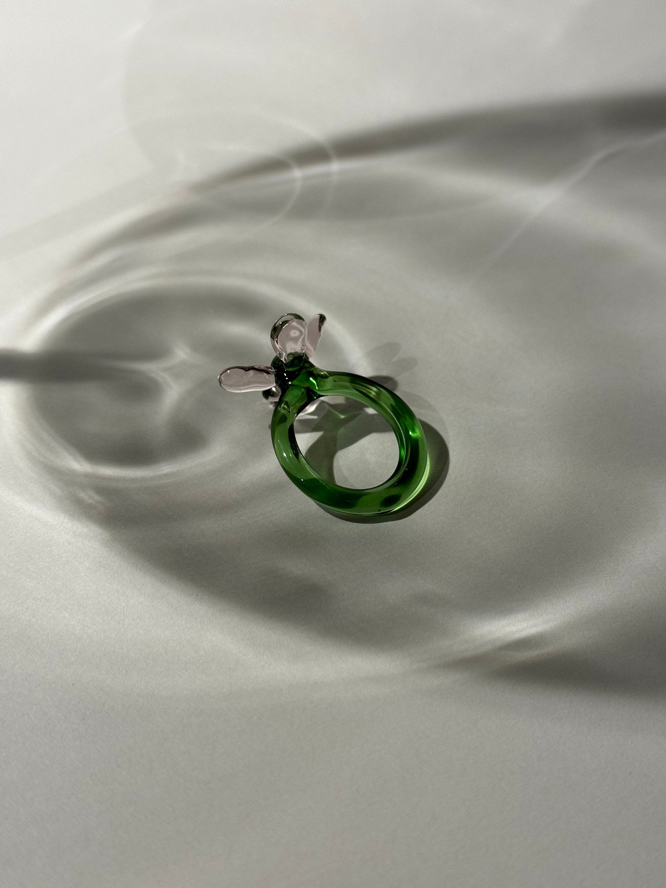 Whimsical Green and Rose Glass Flower Ring