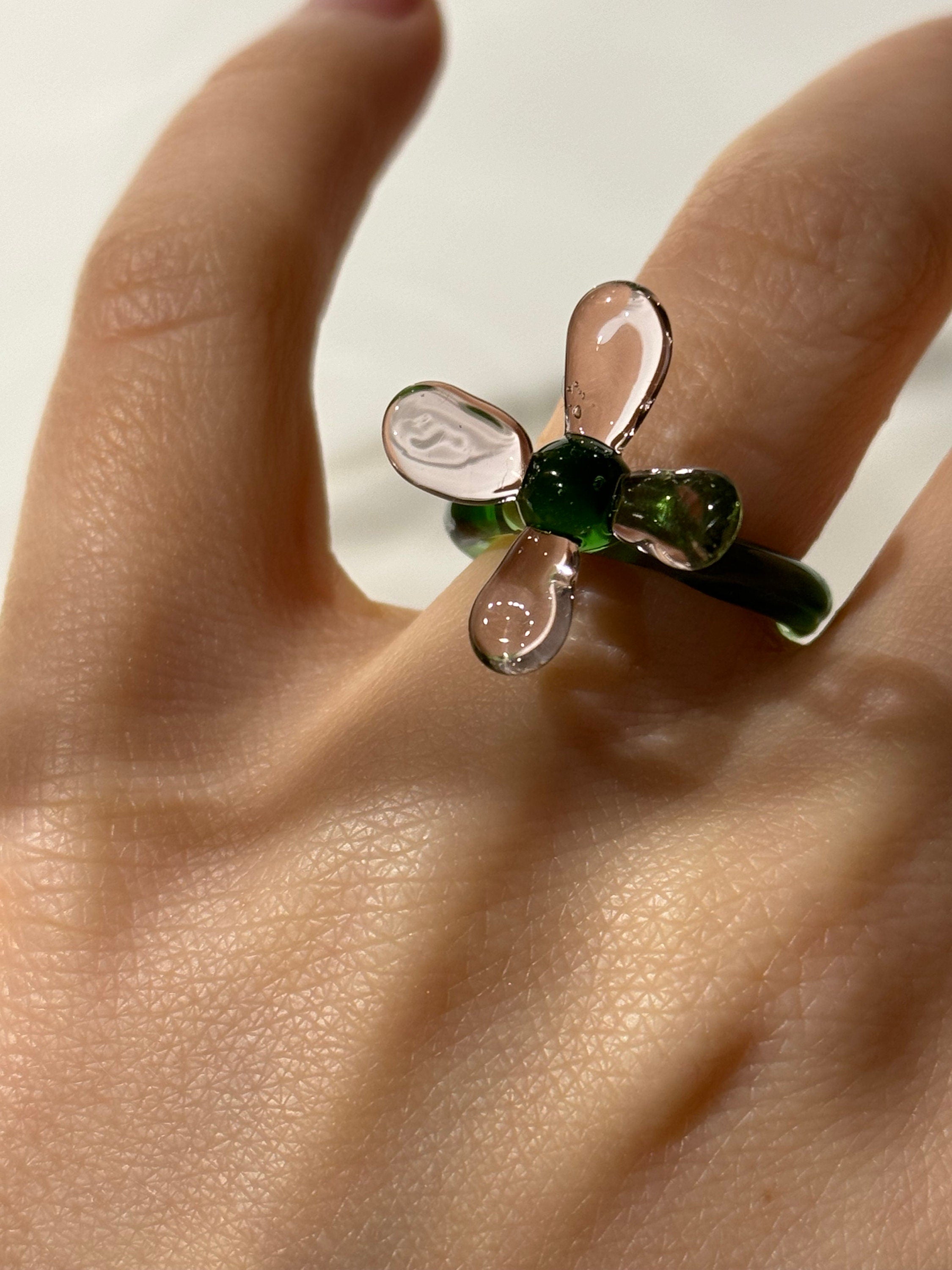 Whimsical Green and Rose Glass Flower Ring