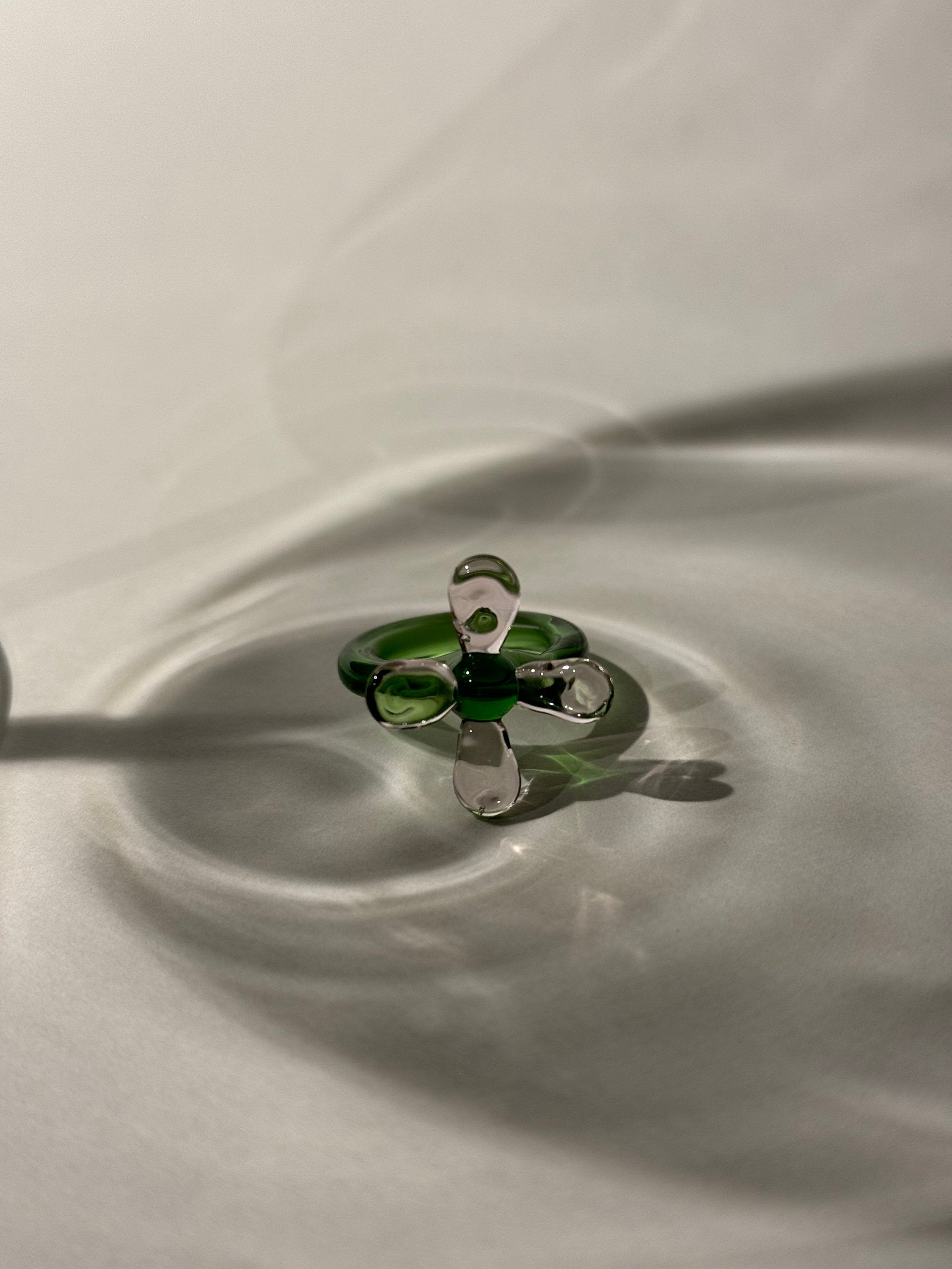 Whimsical Green and Rose Glass Flower Ring