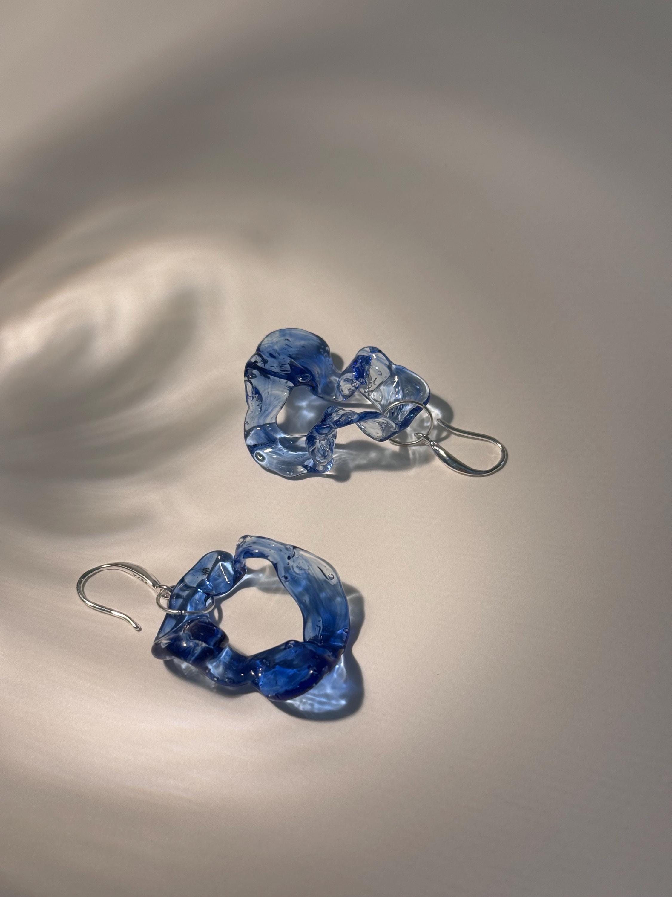 Blue Wave Glass Hoop Earrings