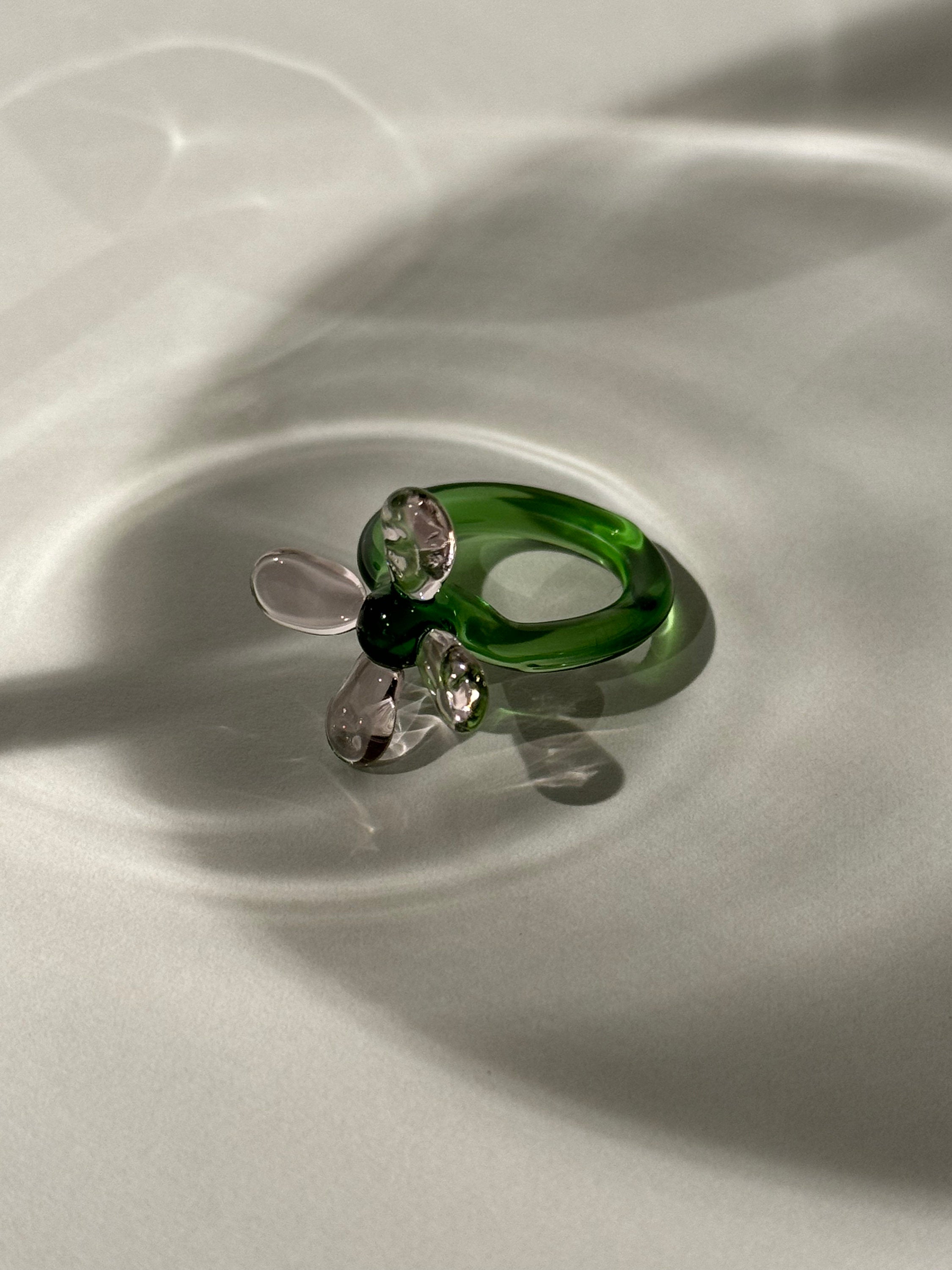 Whimsical Green and Rose Glass Flower Ring