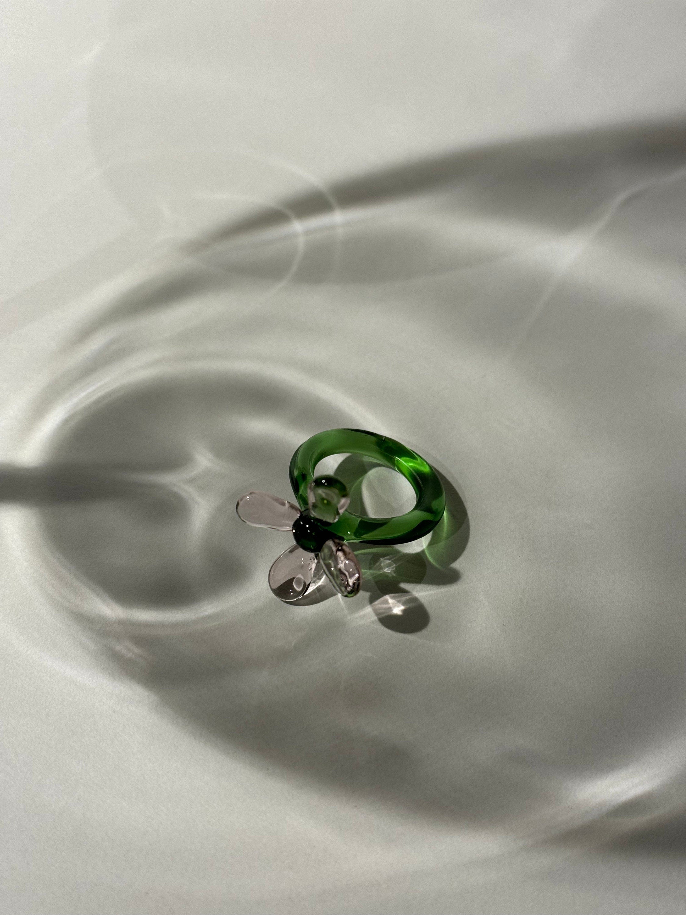Whimsical Green and Rose Glass Flower Ring