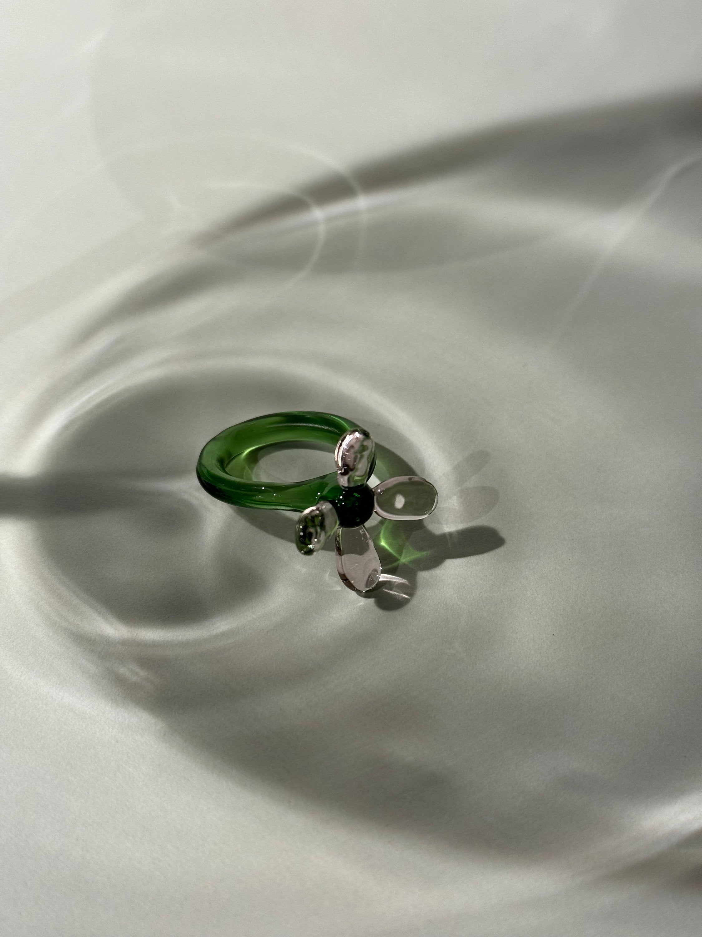 Whimsical Green and Rose Glass Flower Ring