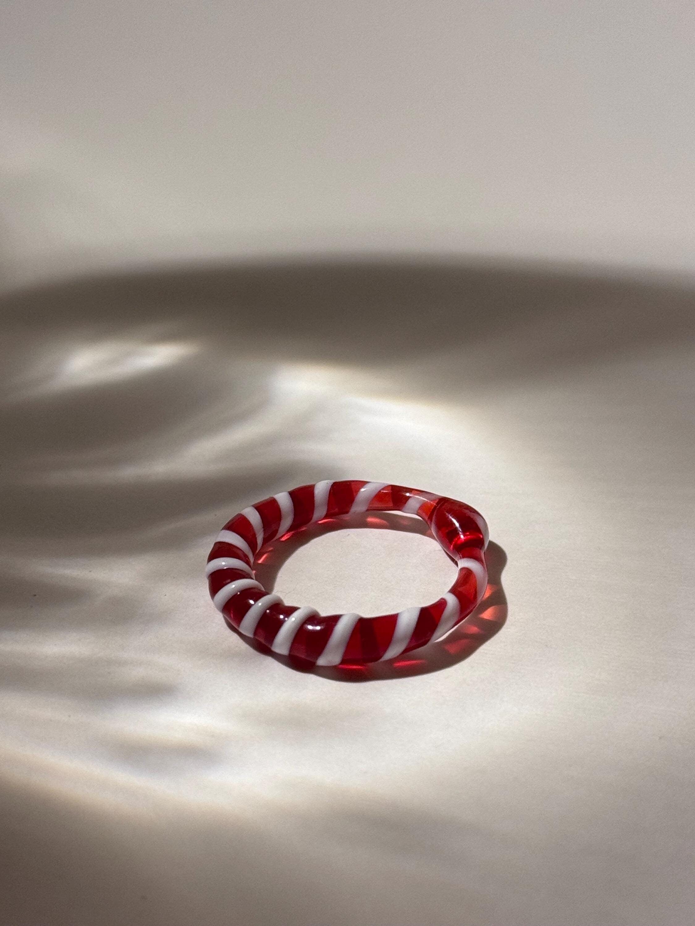 Candy Cane Red and White Glass Ring