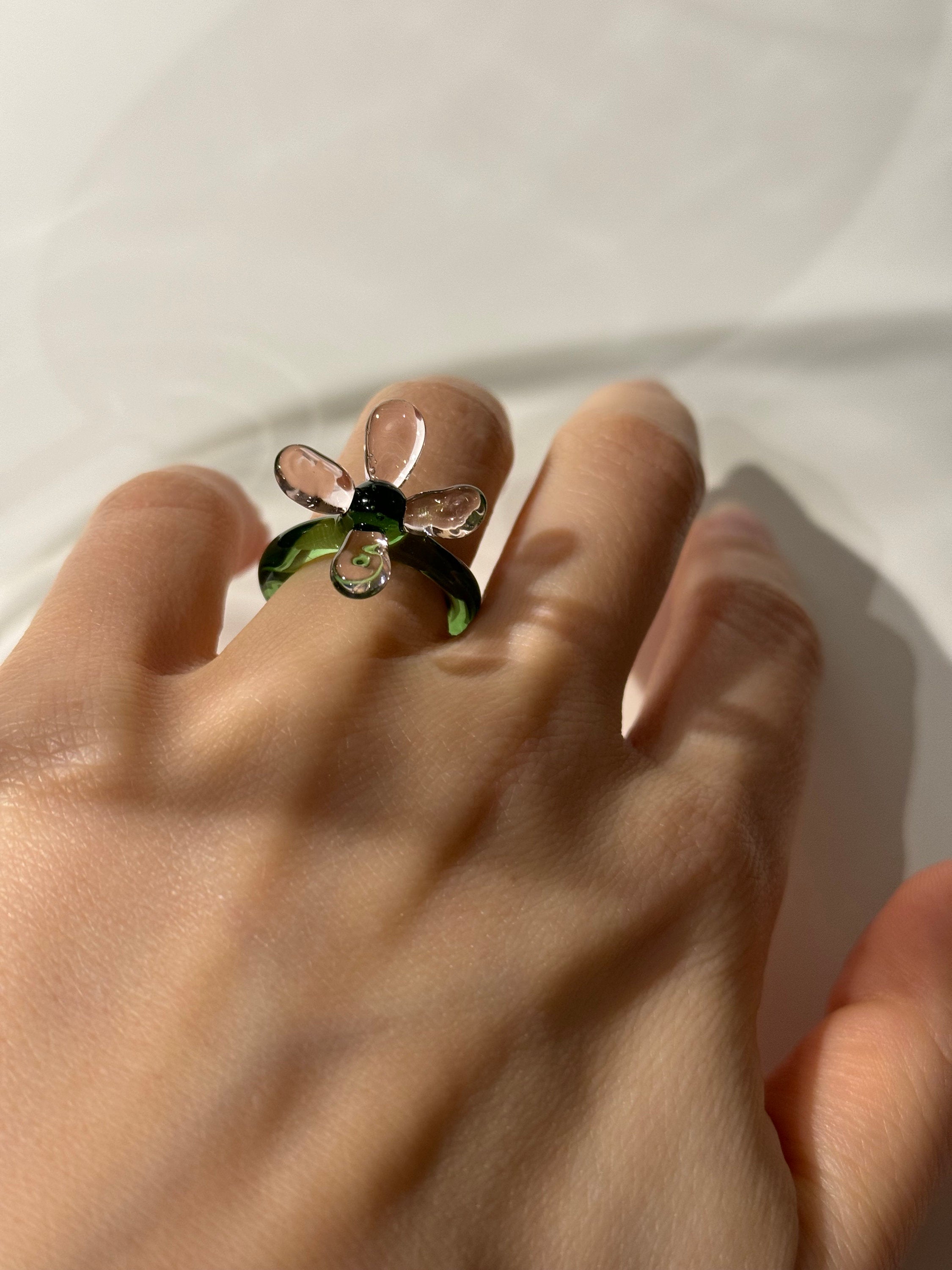 Whimsical Green and Rose Glass Flower Ring