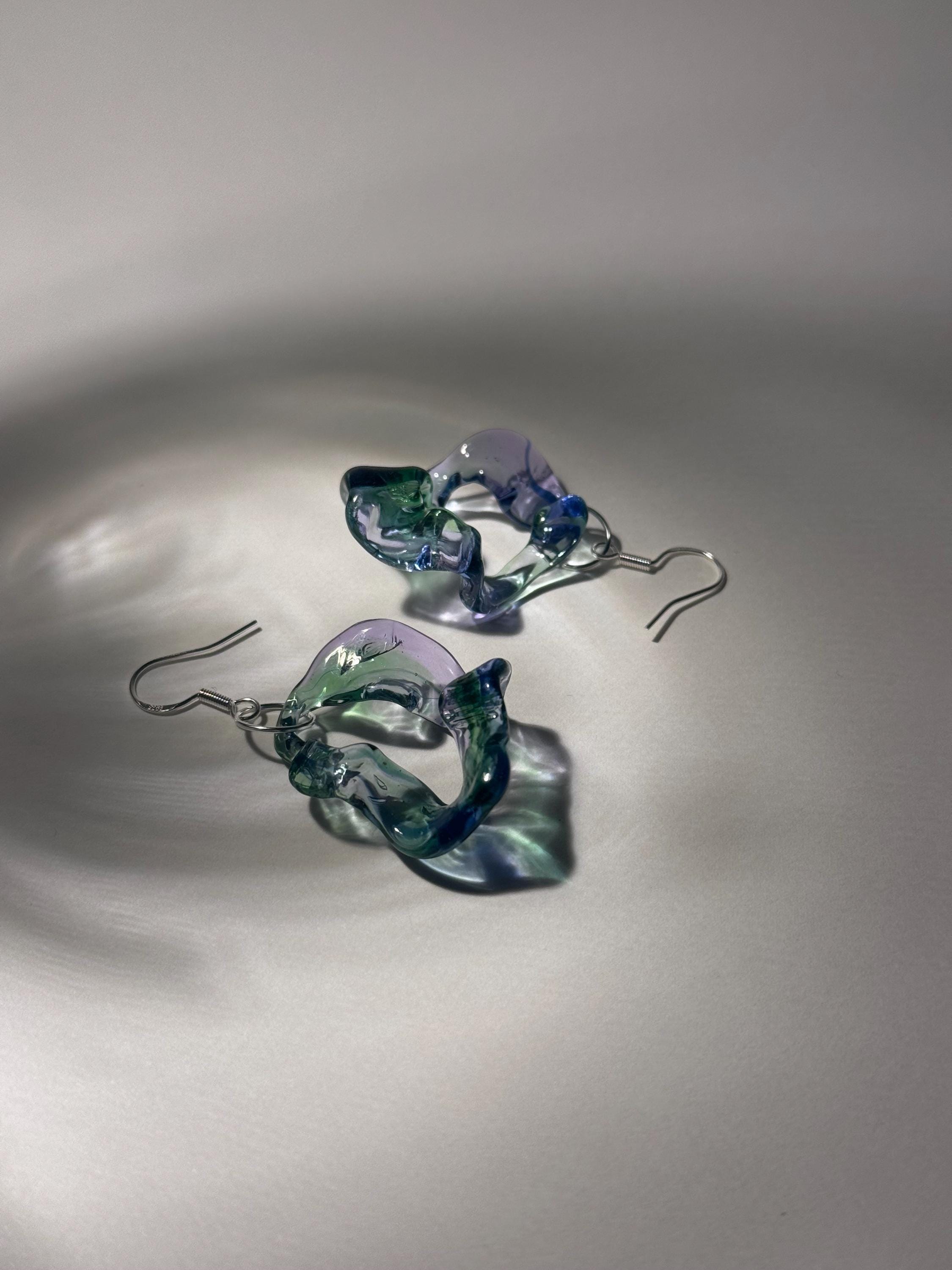 Soft swirling Green & Blue & Purple Glass Earrings