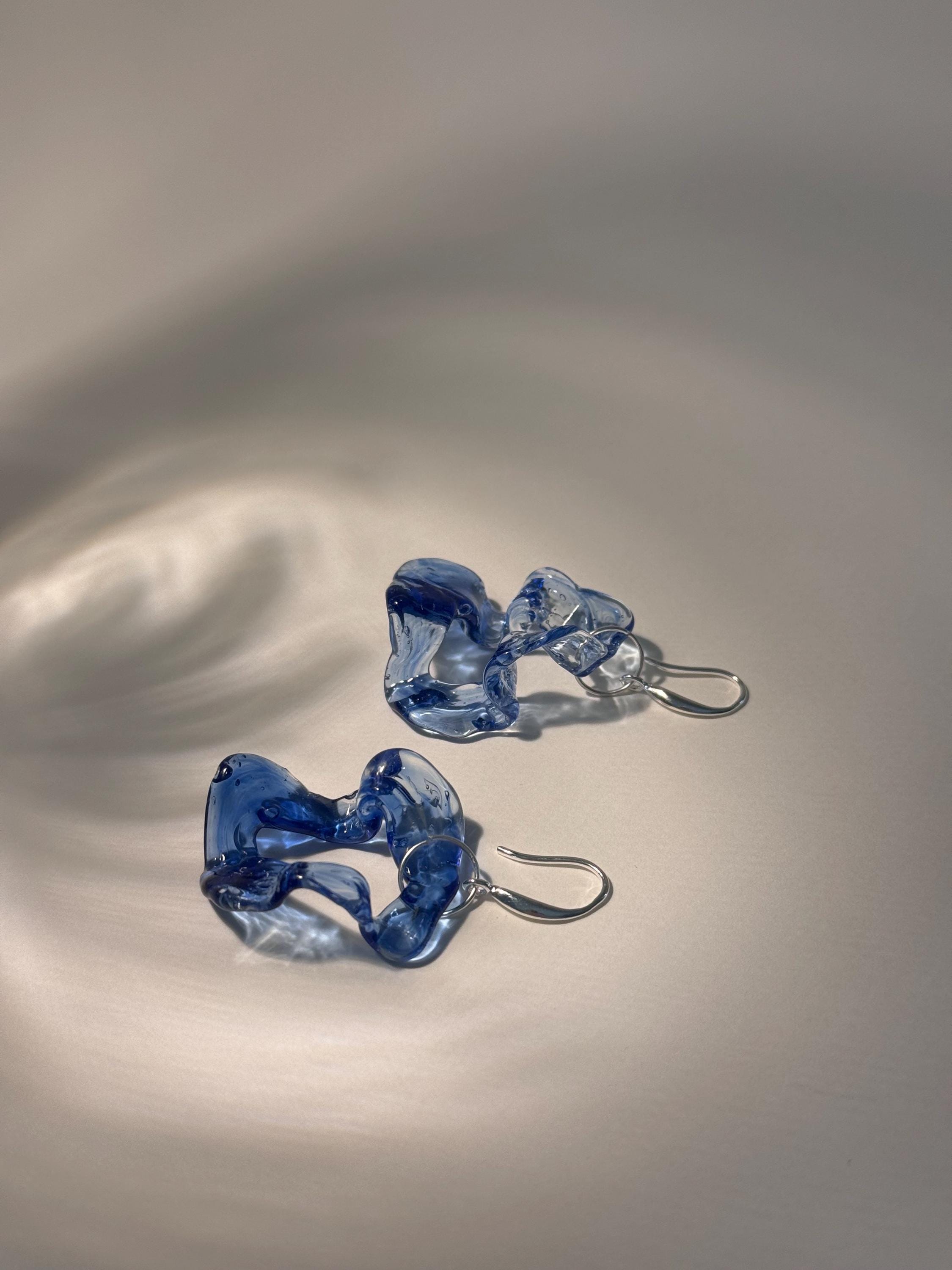 Blue Wave Glass Hoop Earrings