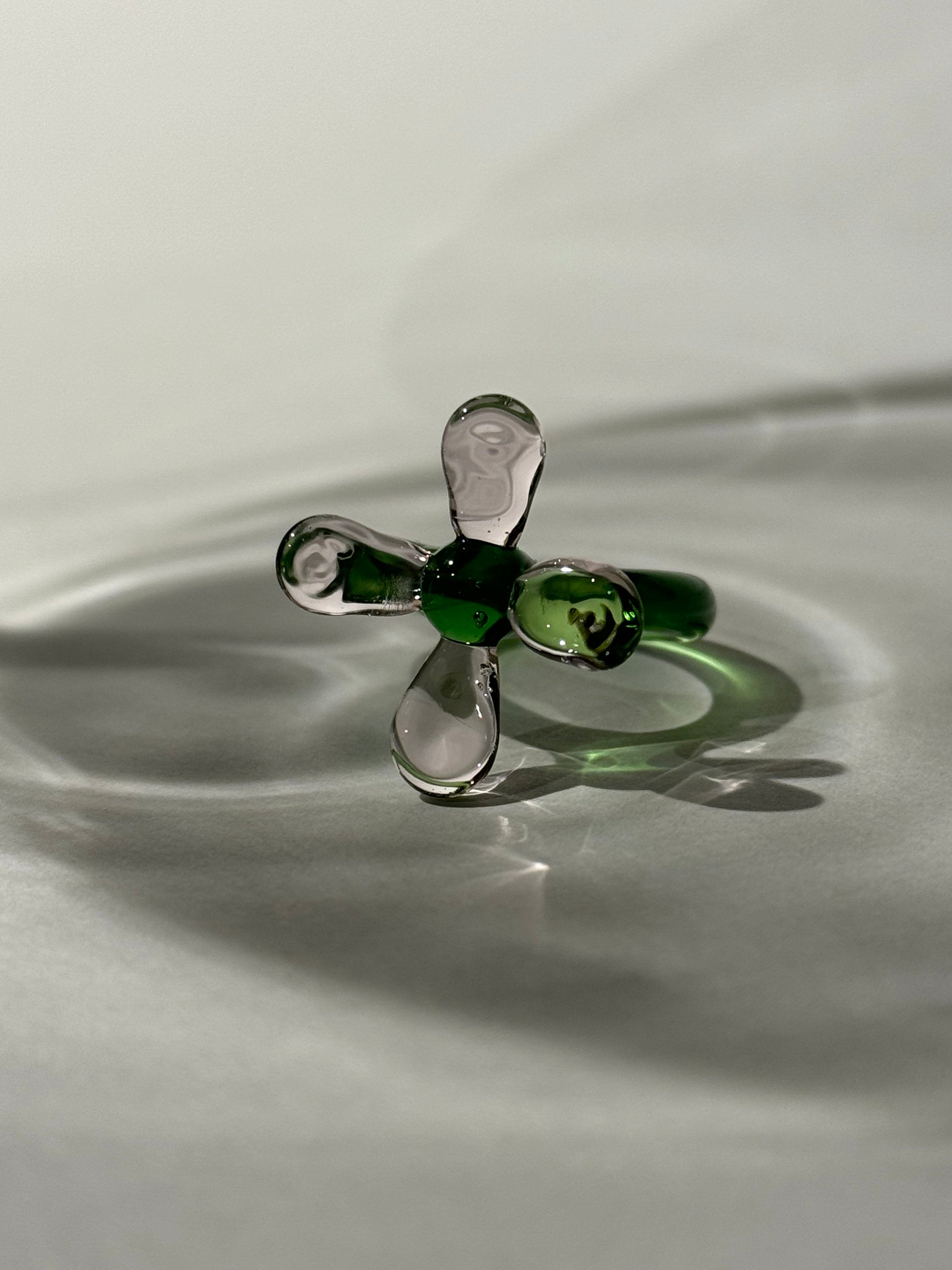 Whimsical Green and Rose Glass Flower Ring