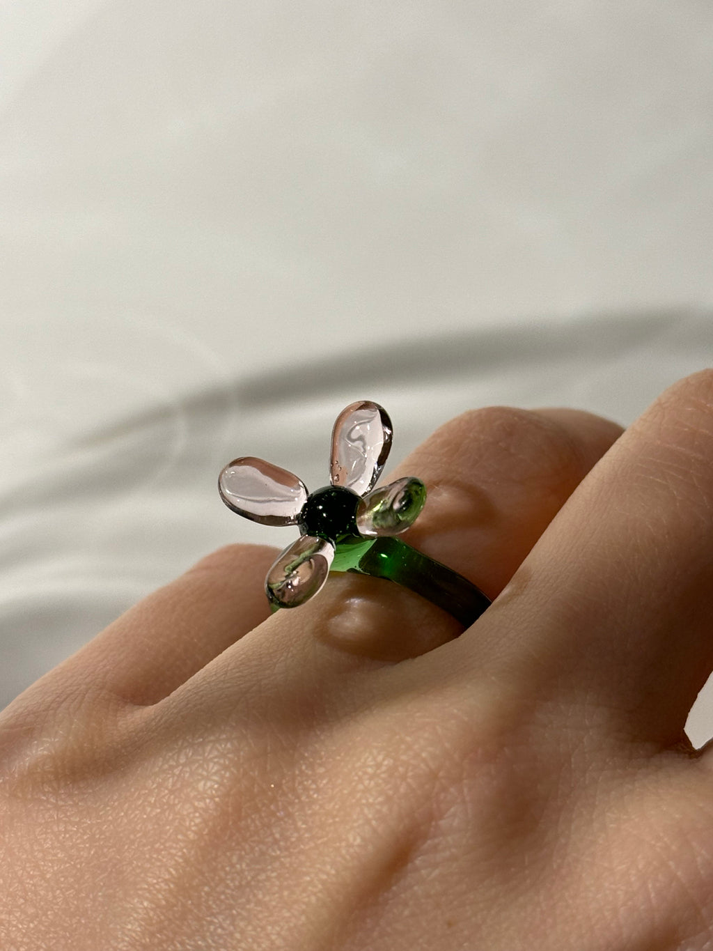 Whimsical Green and Rose Glass Flower Ring