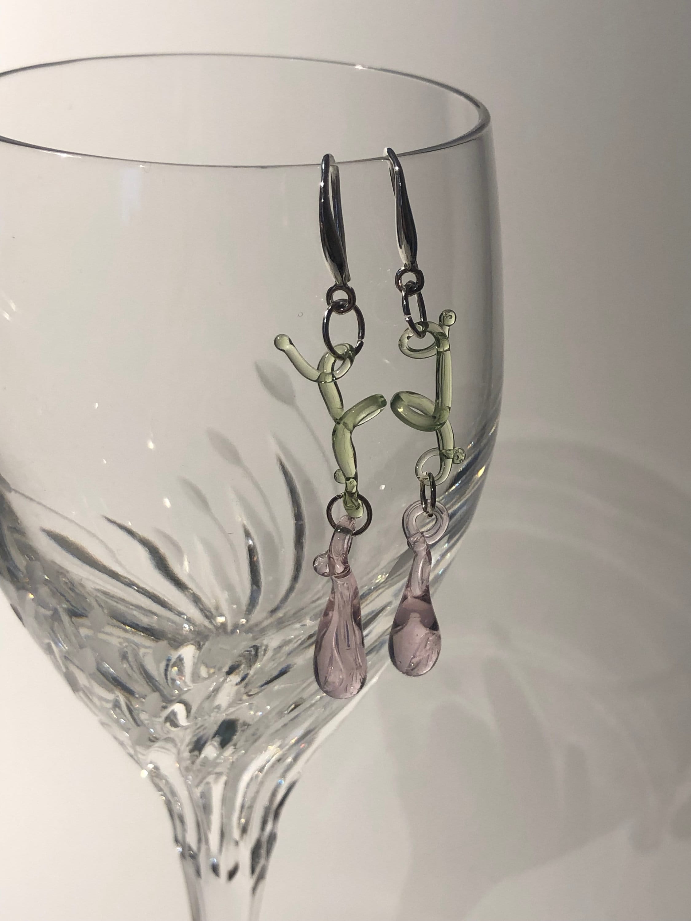 Handmade Pink and green Botanical Glass Earrings