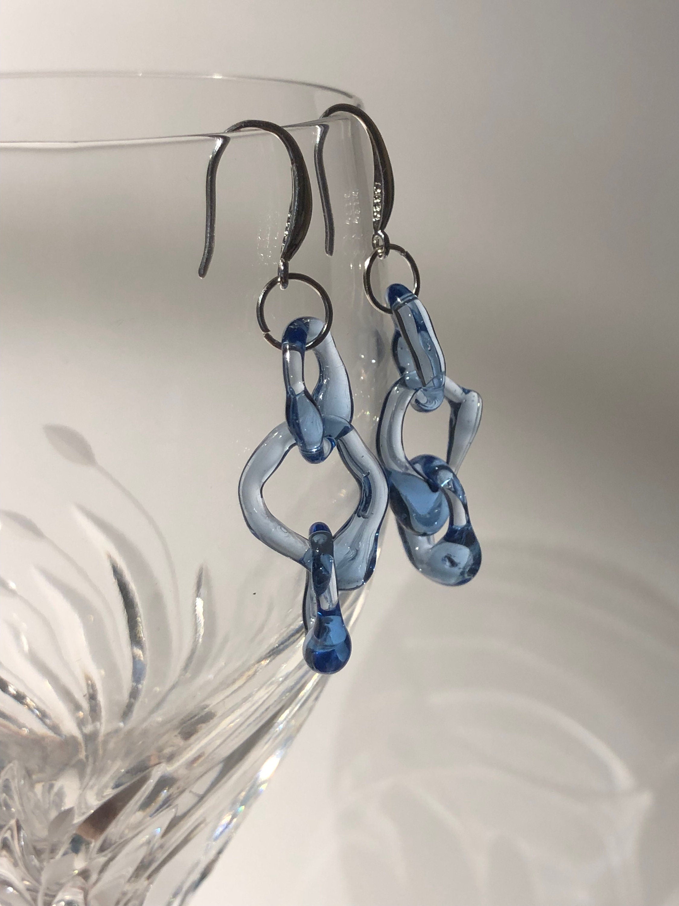 Handcrafted Blue Borosilicate Glass Chainlink Earrings