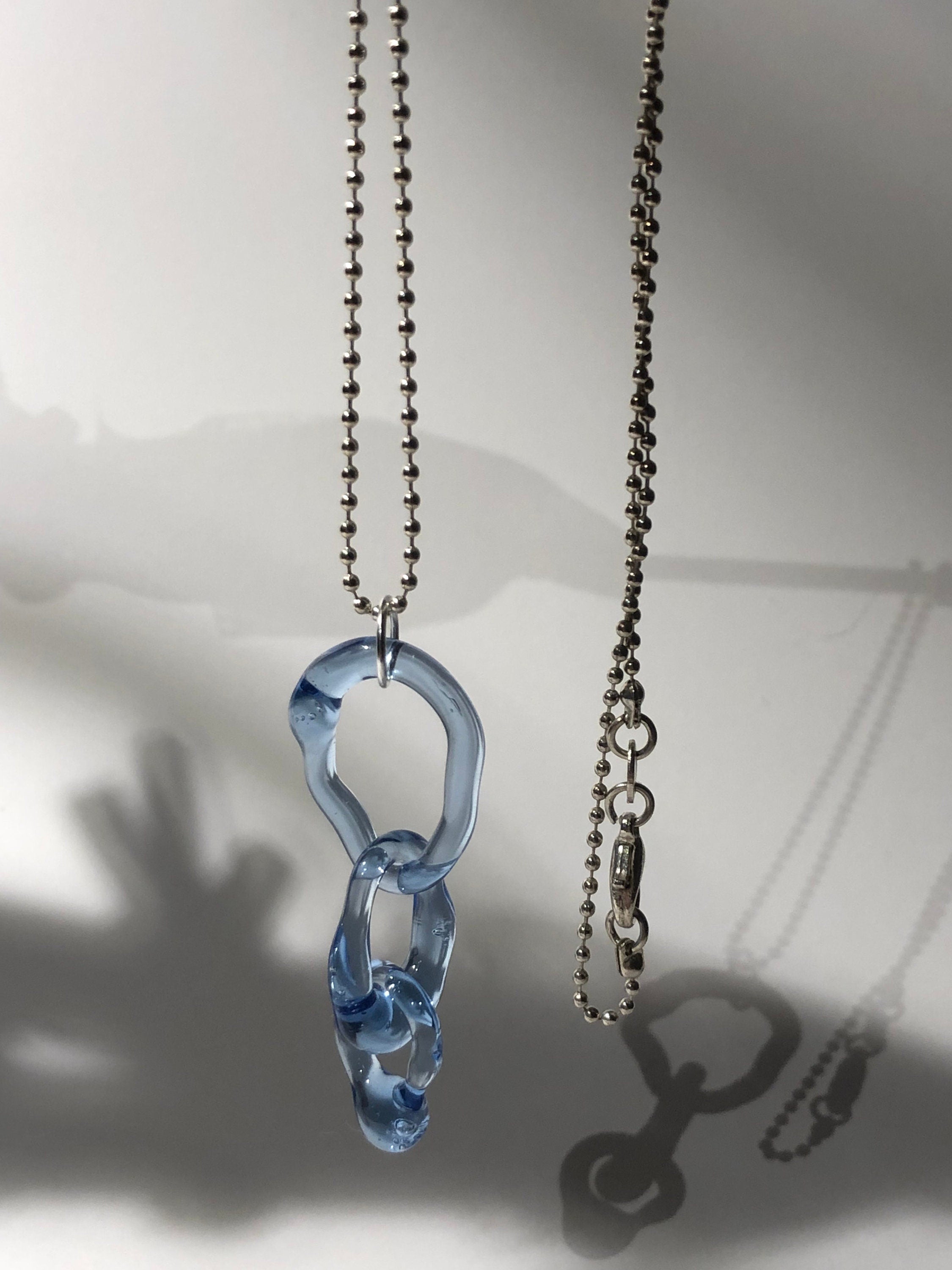 Blue Borosilicate Glass Link Necklace: Handmade Sterling Silver Chain