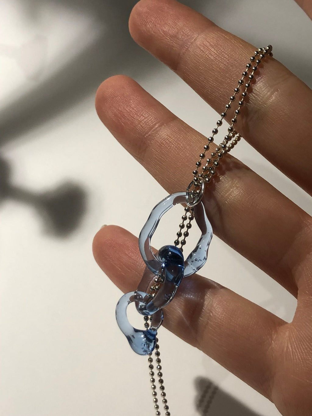Blue Borosilicate Glass Link Necklace: Handmade Sterling Silver Chain