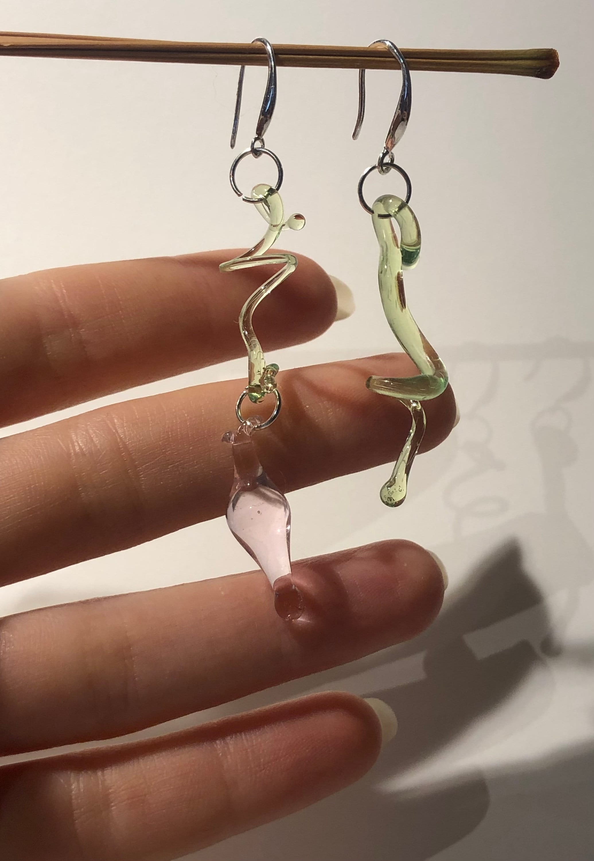 Borosilicate Glass Flower Earrings: Rose & Green Sterling Silver