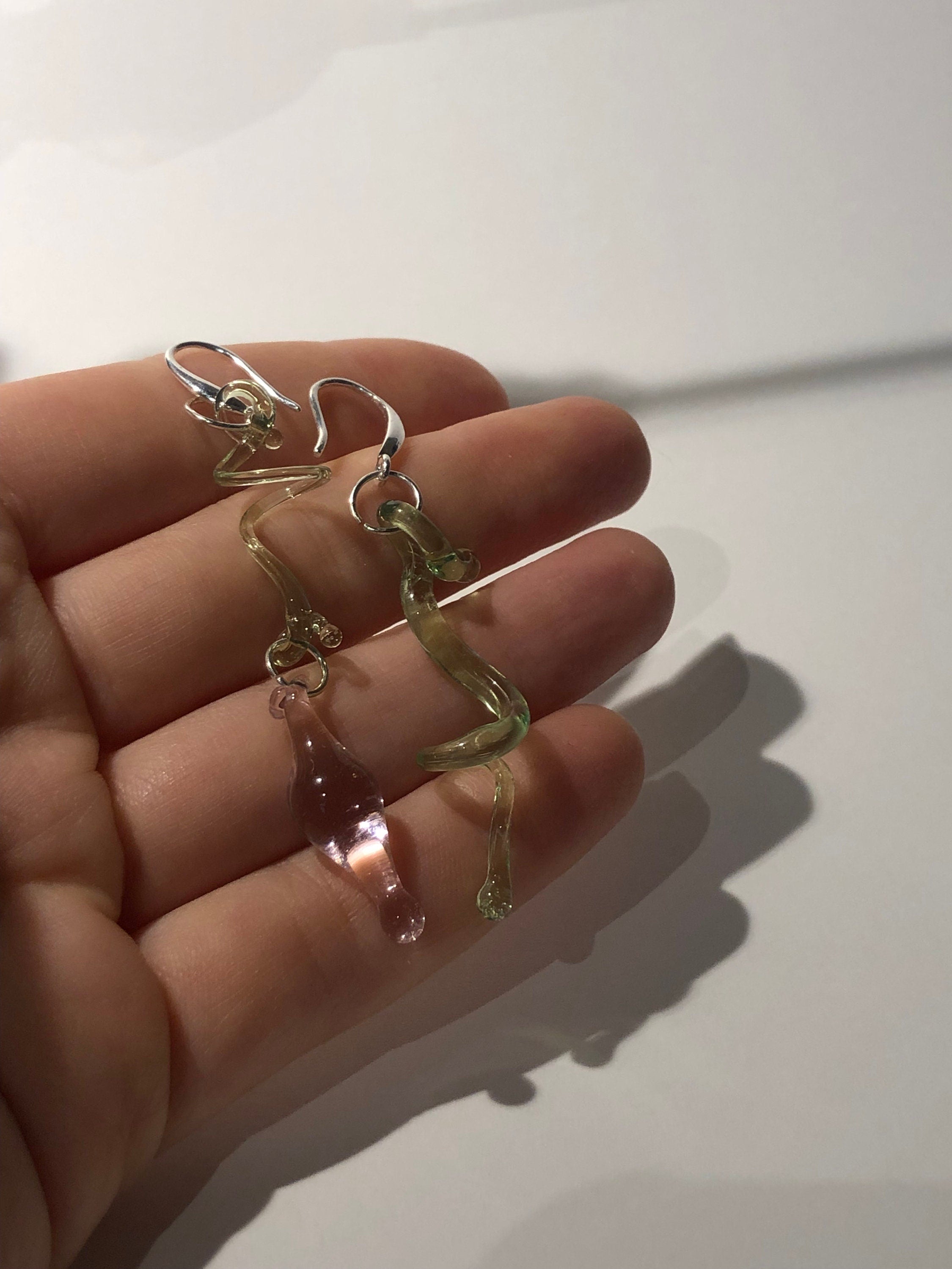 Borosilicate Glass Flower Earrings: Rose & Green Sterling Silver