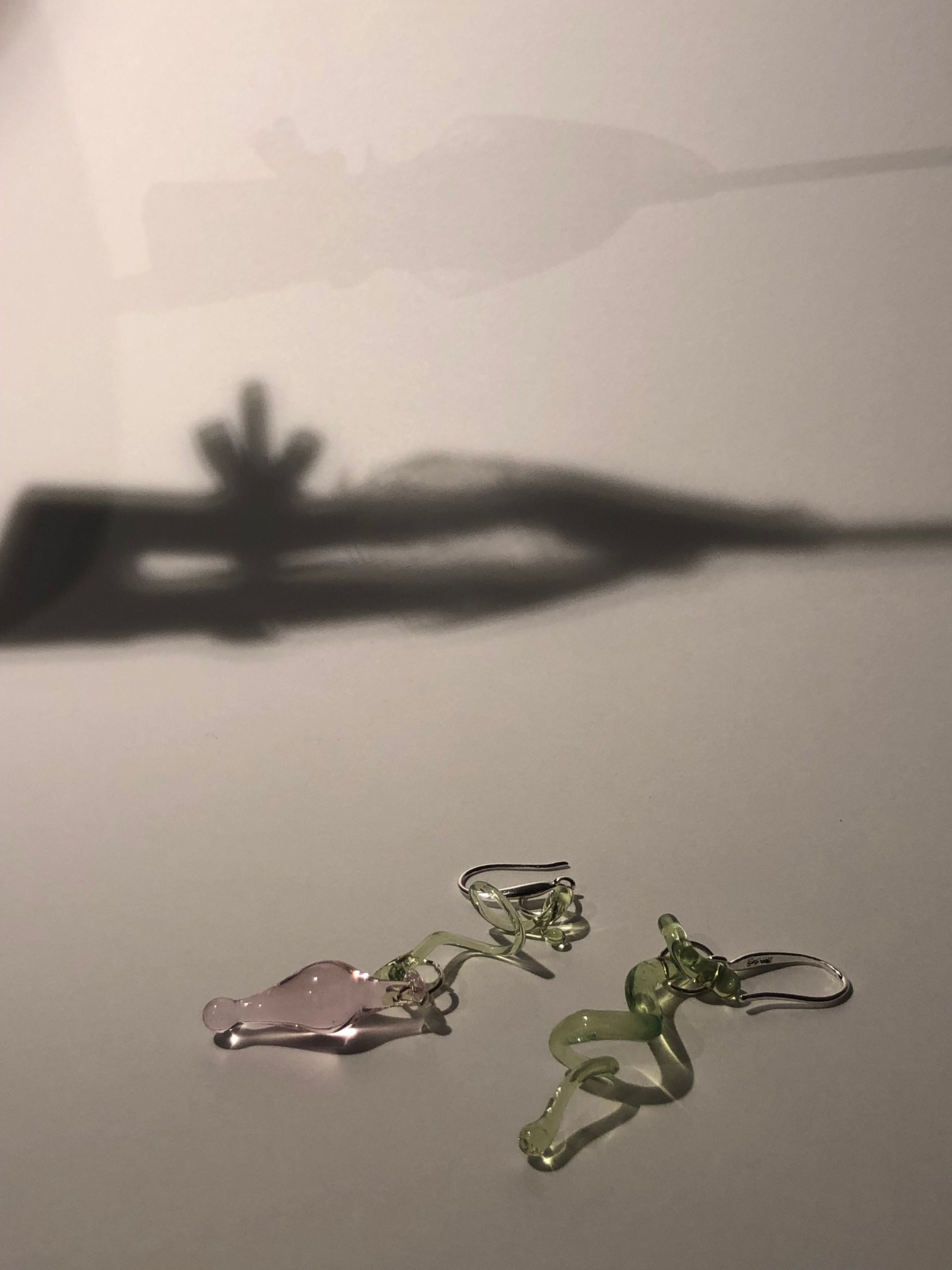 Borosilicate Glass Flower Earrings: Rose & Green Sterling Silver