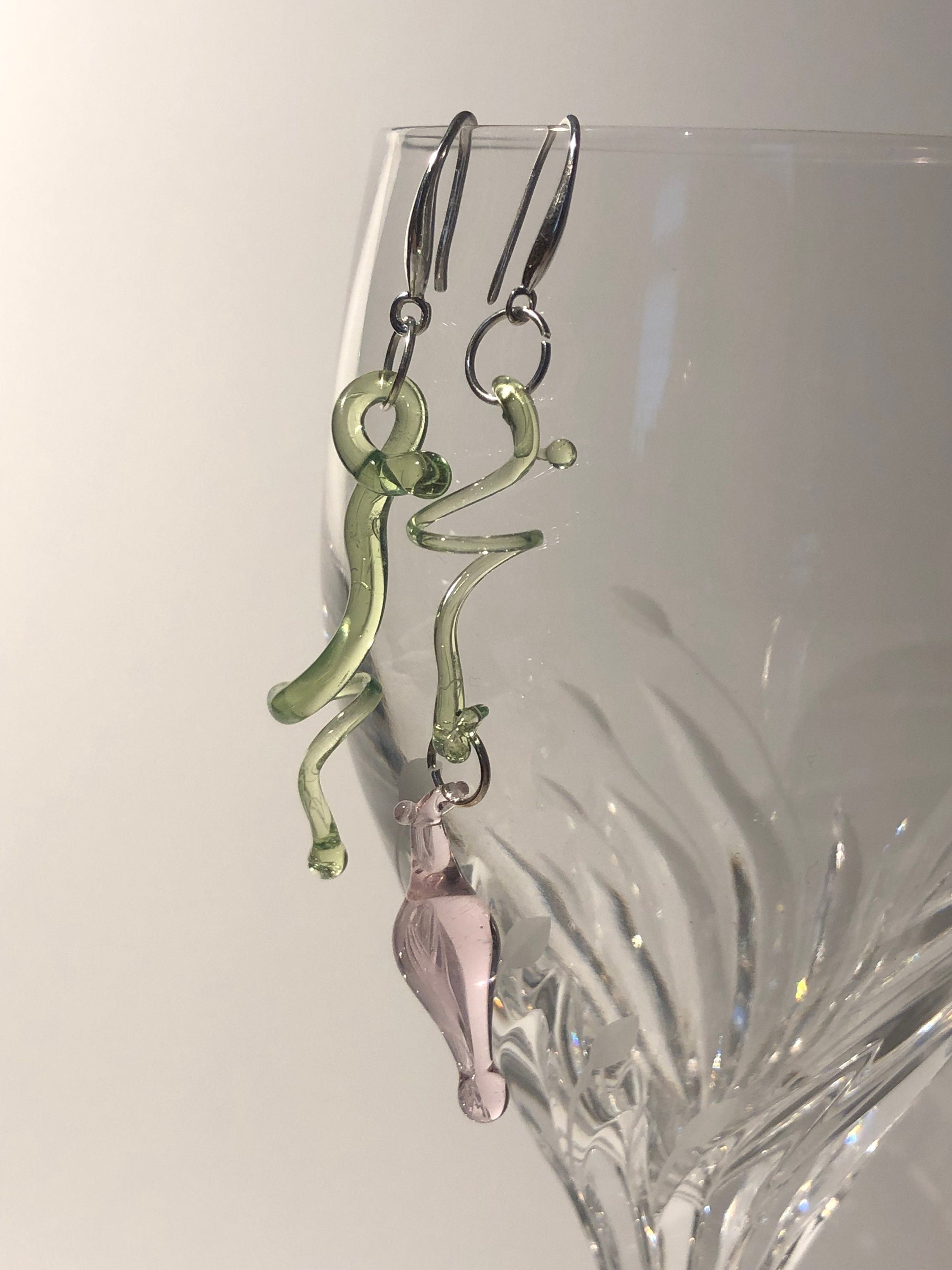 Borosilicate Glass Flower Earrings: Rose & Green Sterling Silver