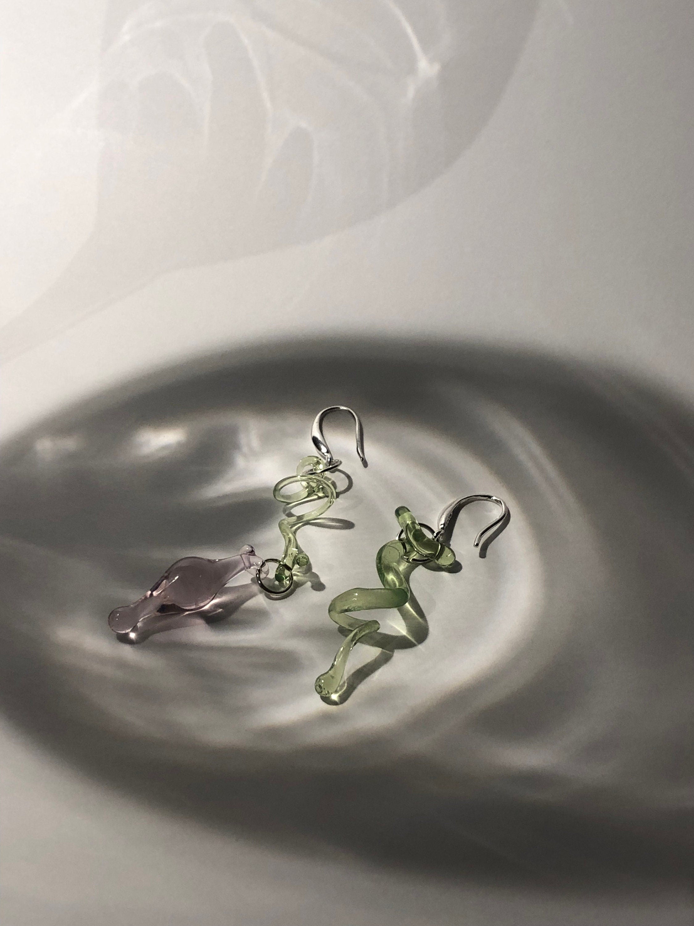 Borosilicate Glass Flower Earrings: Rose & Green Sterling Silver