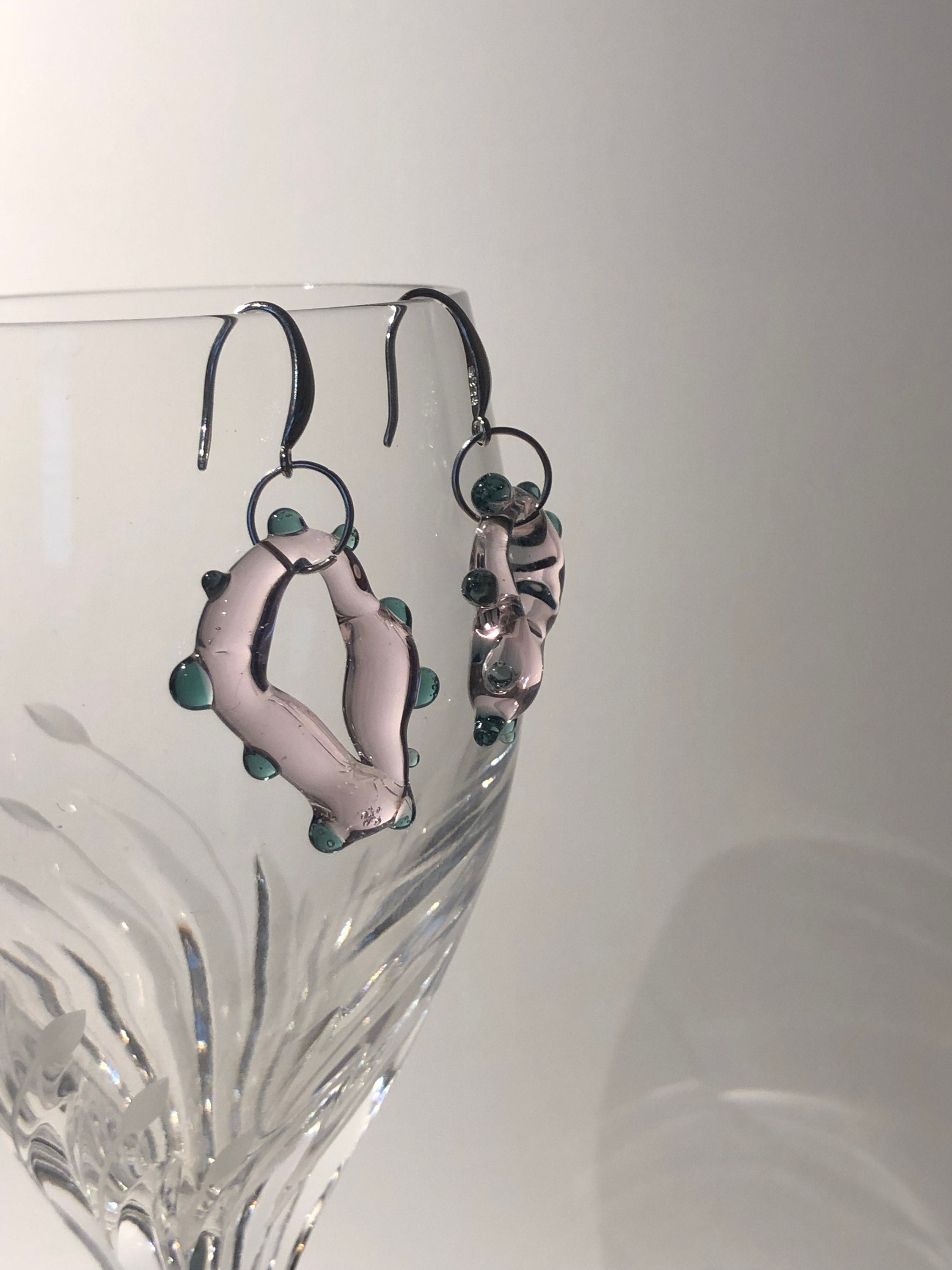 Handmade Rose & Green Glass Earrings