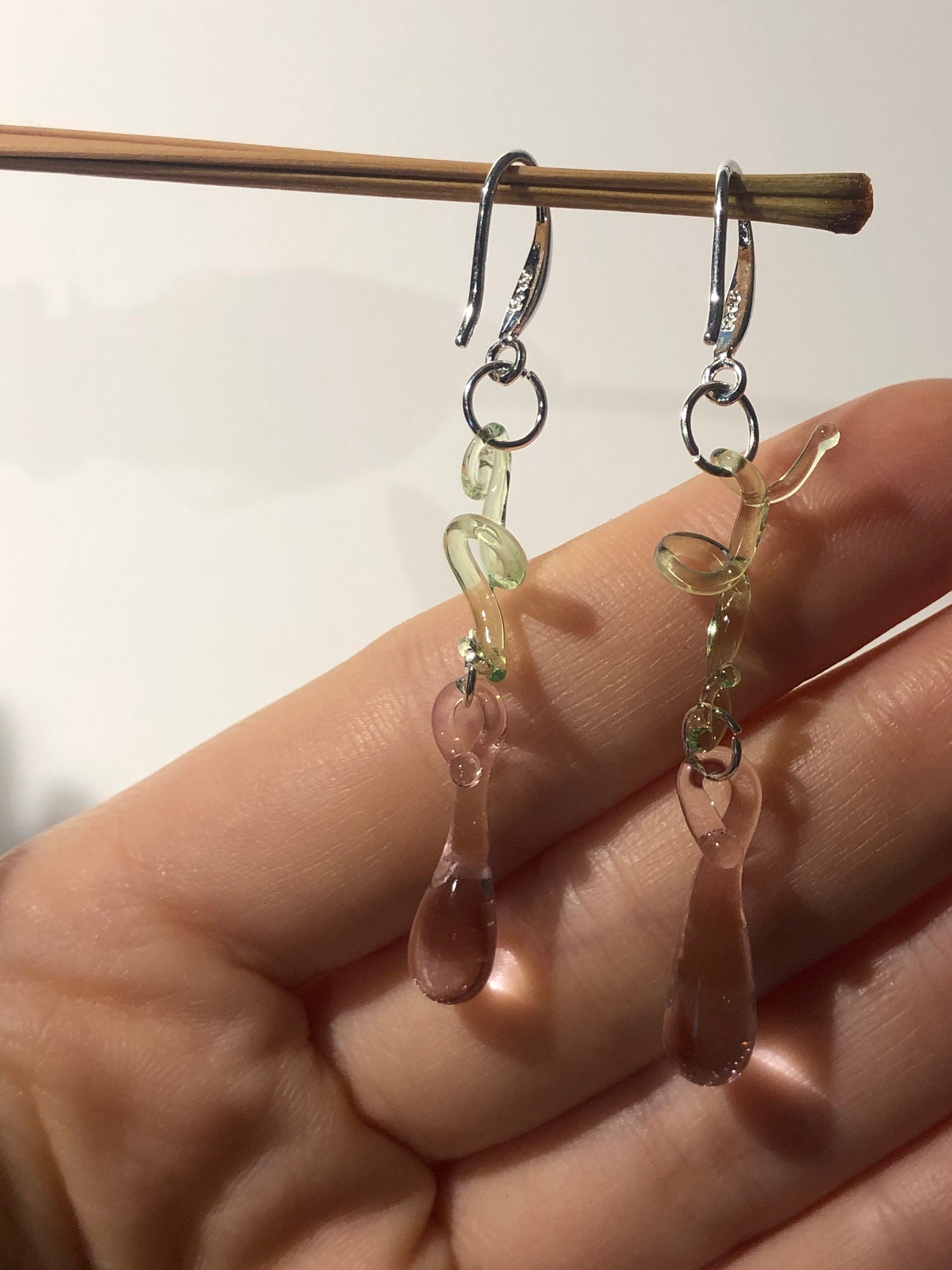 Handmade Pink and green Botanical Glass Earrings
