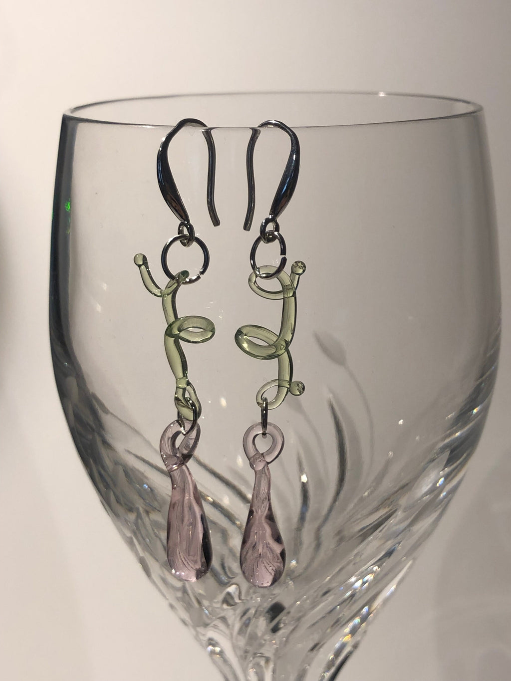 Handmade Pink and green Botanical Glass Earrings