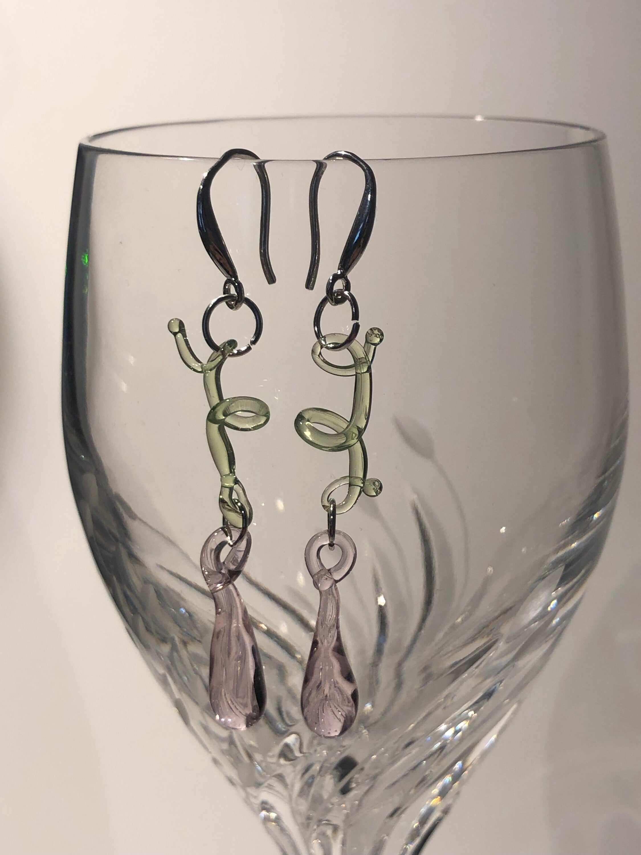 Handmade Pink and green Botanical Glass Earrings