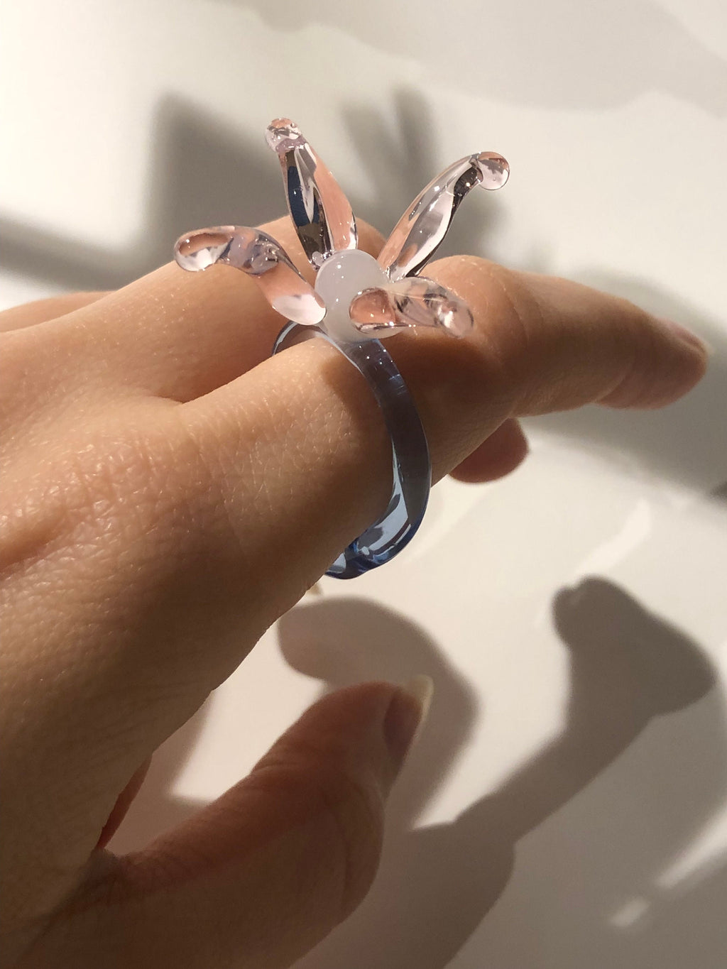 Handmade Rose and Blue Glass Flower Ring