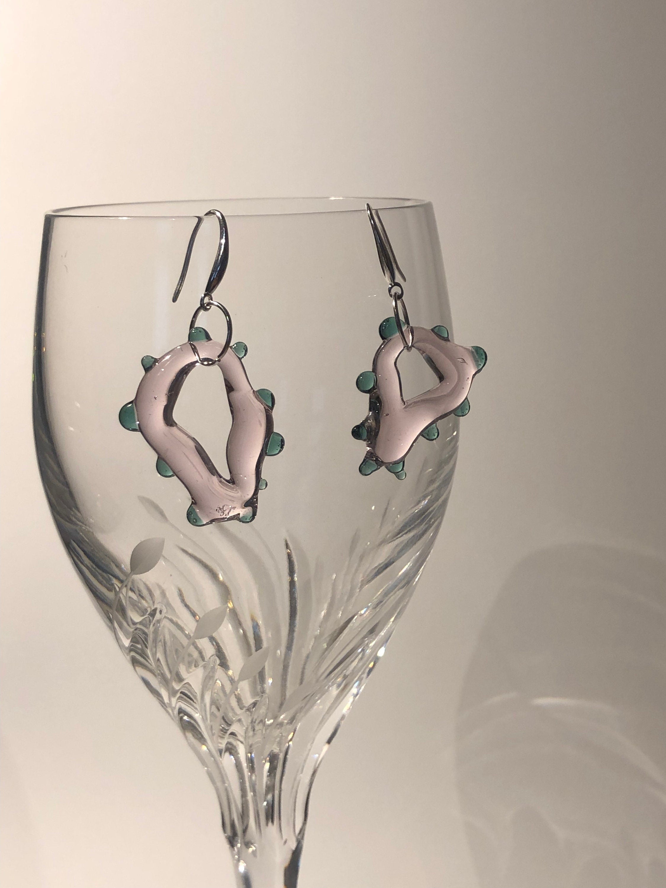 Handmade Rose & Green Glass Earrings
