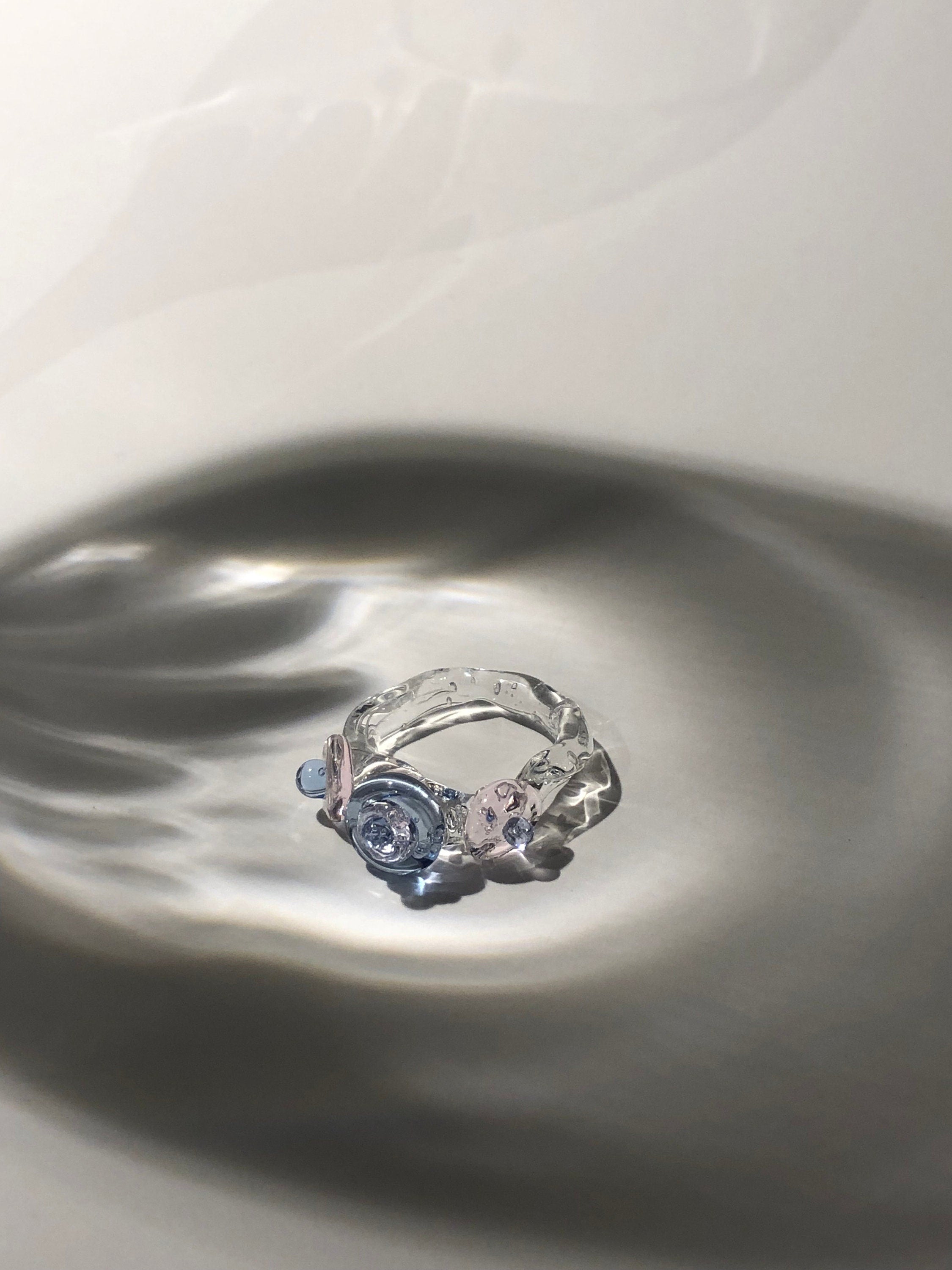 Handmade Pink and Blue Pebble Stone Glass Ring