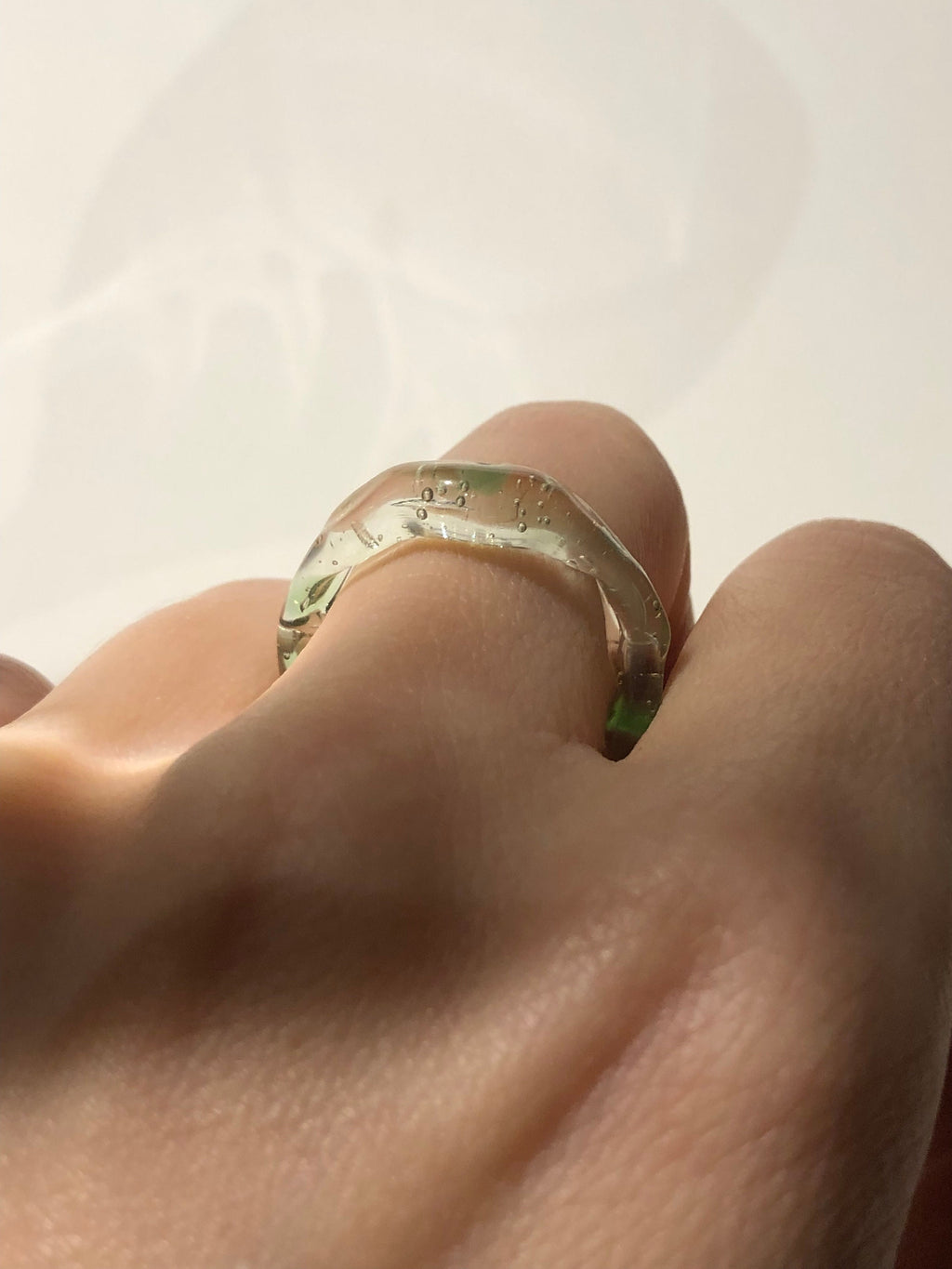Handcrafted Green and Clear Swirl Glass Ring