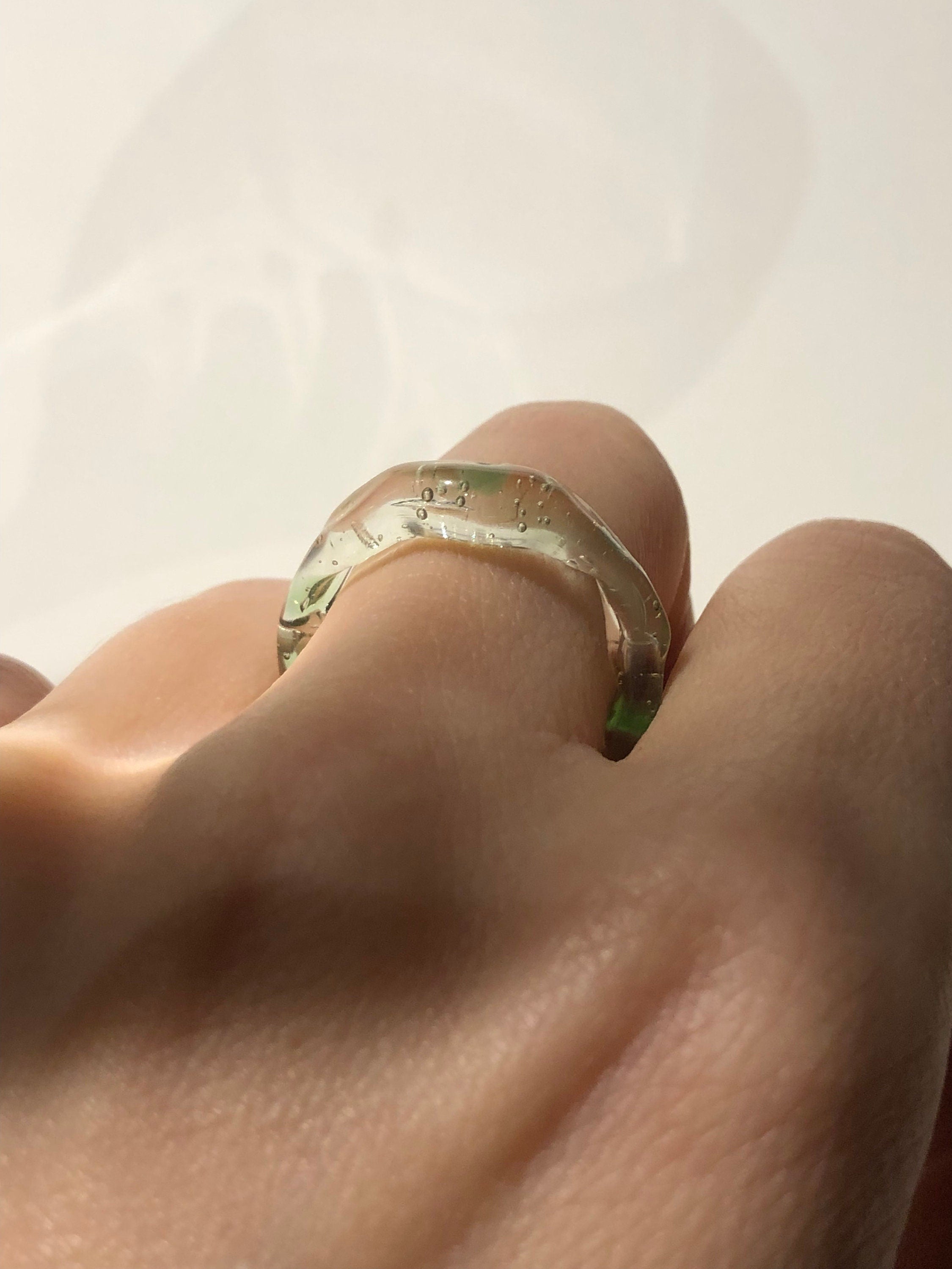 Handcrafted Green and Clear Swirl Glass Ring