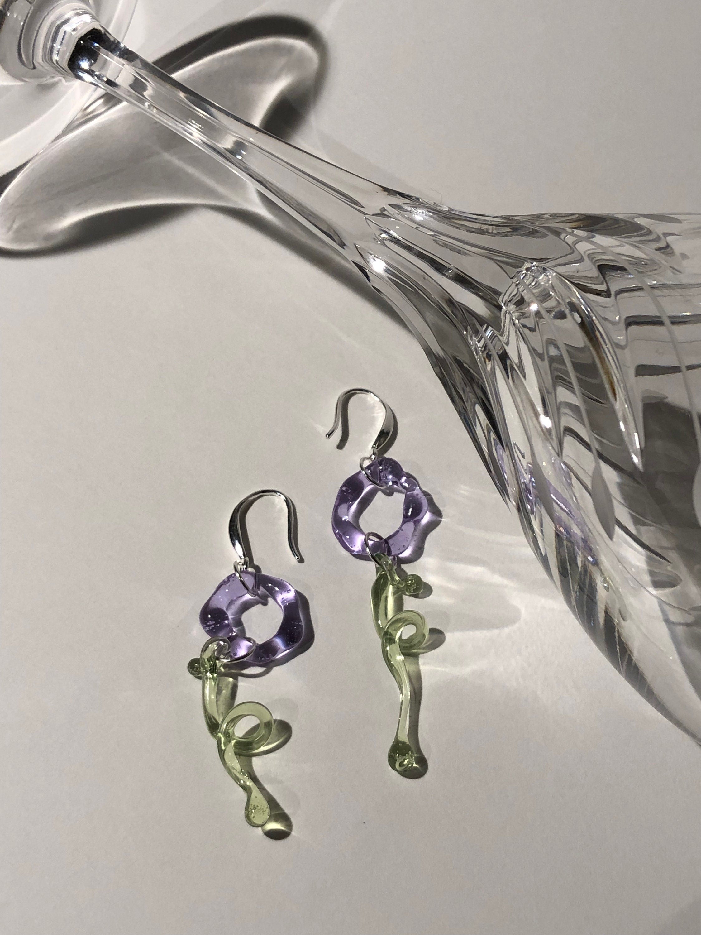 Handmade Lilac & Green Flower Glass Earrings