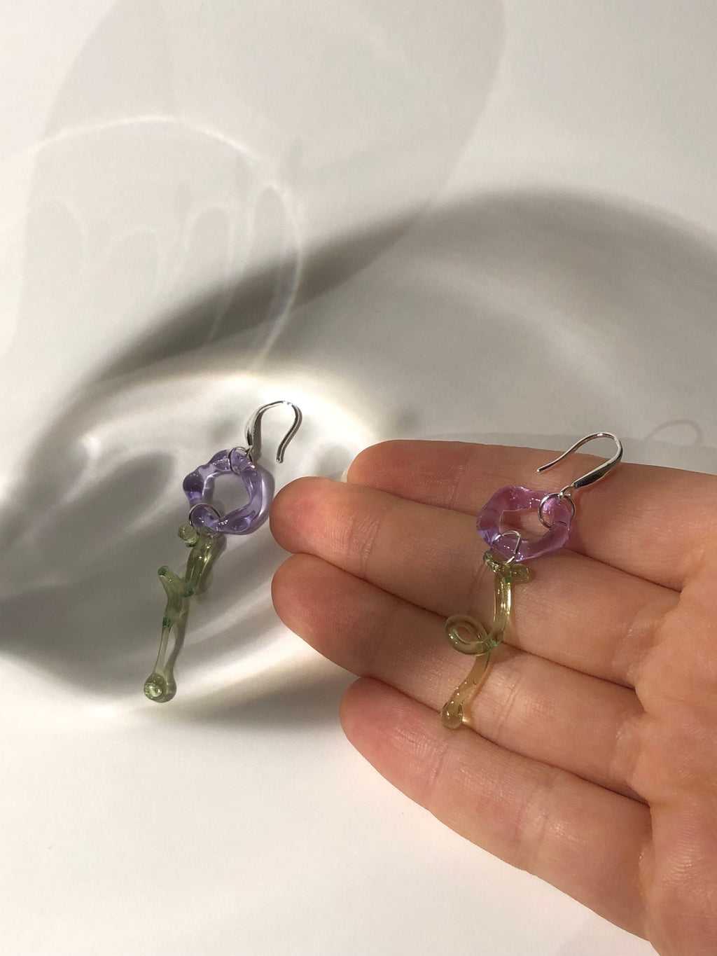 Handmade Lilac & Green Flower Glass Earrings