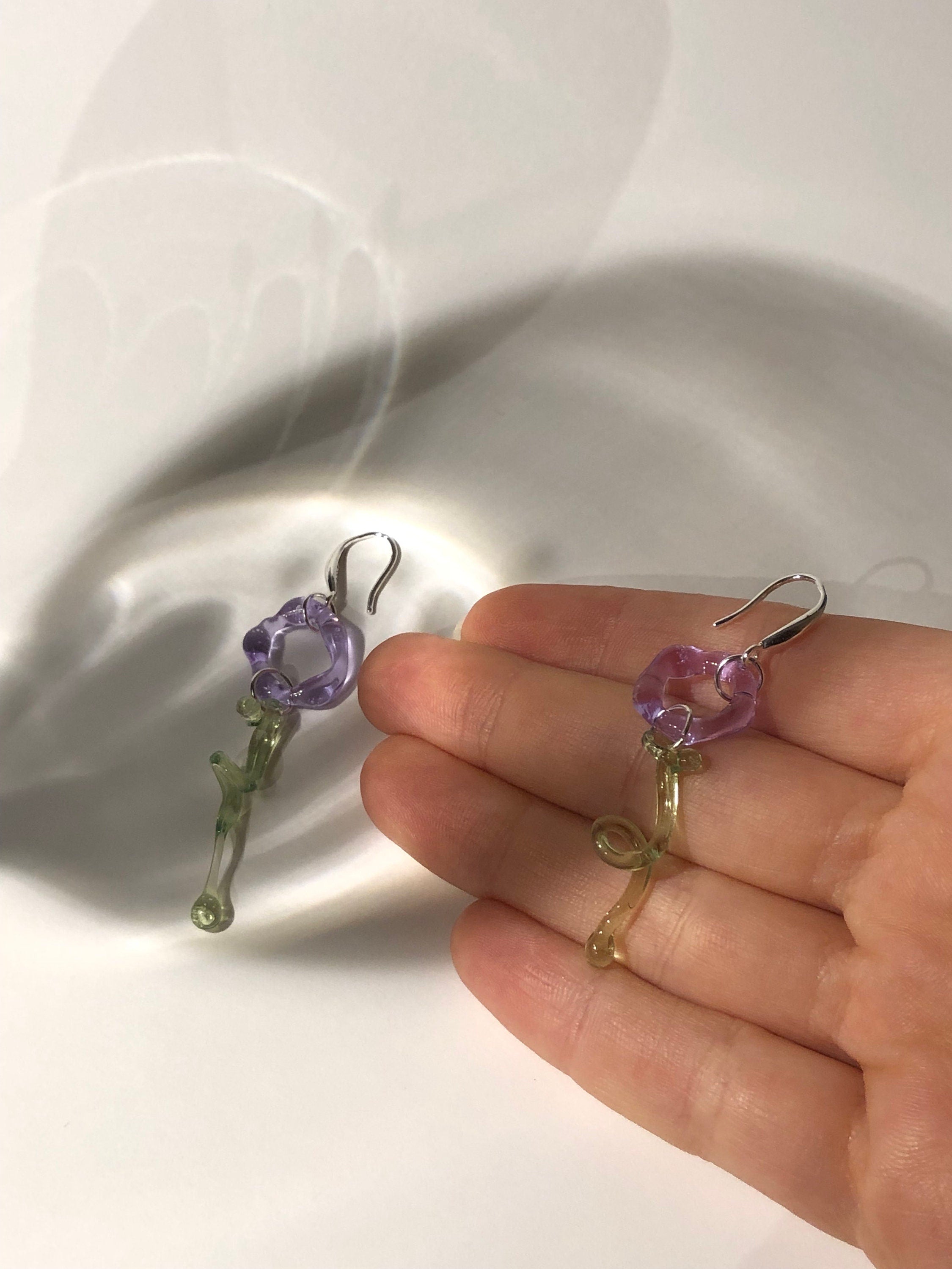 Handmade Lilac & Green Flower Glass Earrings