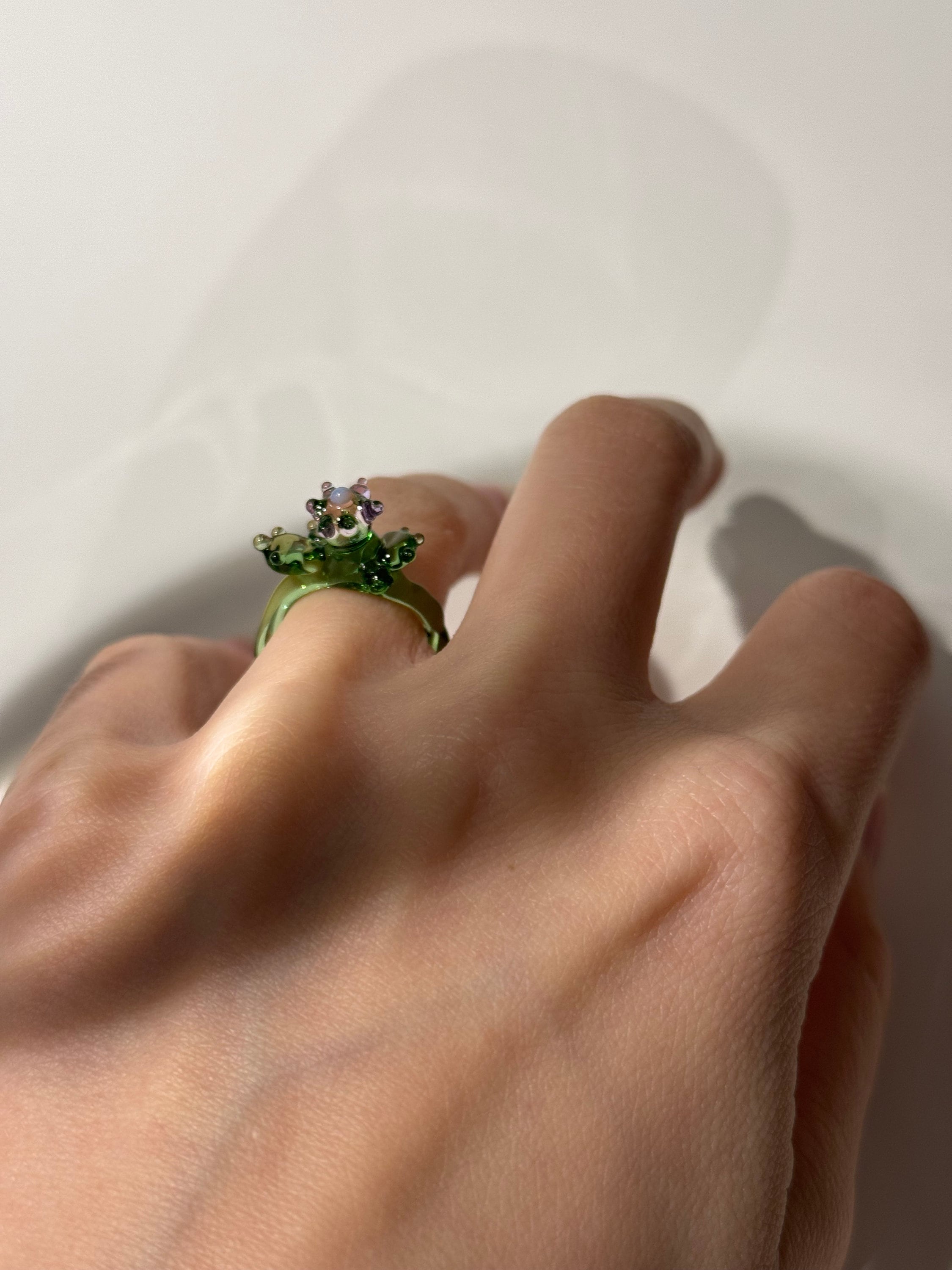 Borosilicate Glass Flower Ring: Handmade Green & Rose Jewelry
