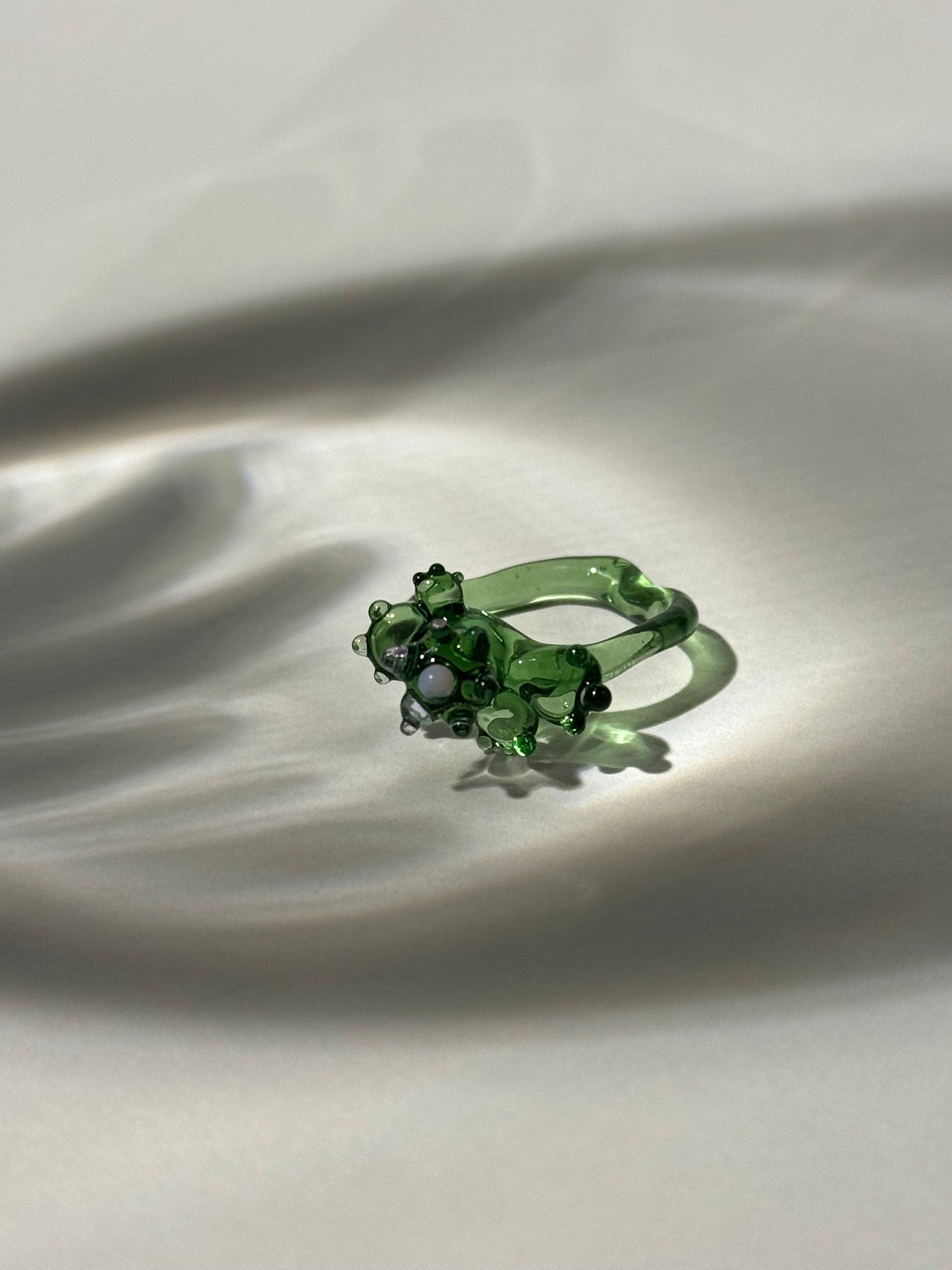 Borosilicate Glass Flower Ring: Handmade Green & Rose Jewelry