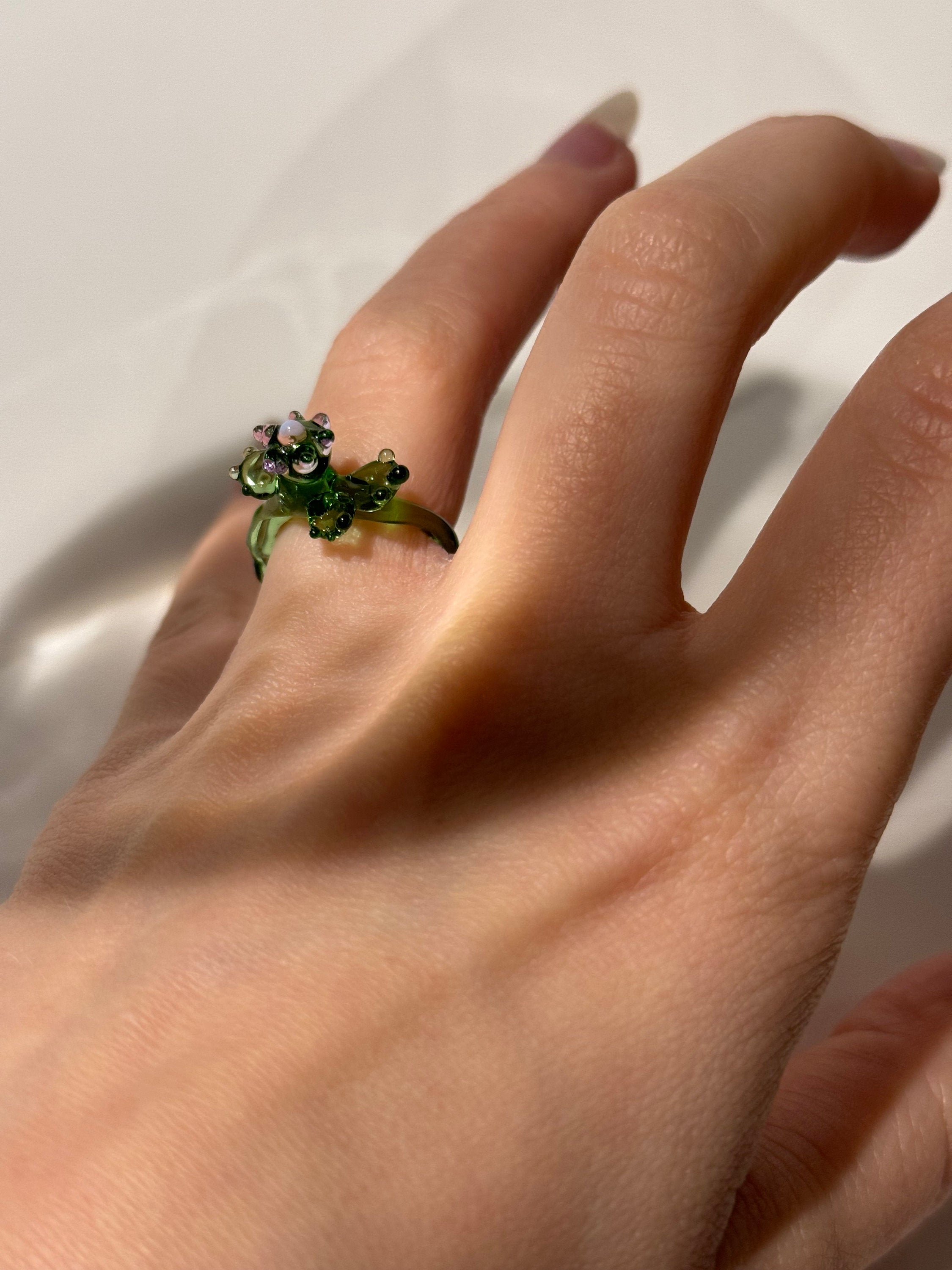 Borosilicate Glass Flower Ring: Handmade Green & Rose Jewelry
