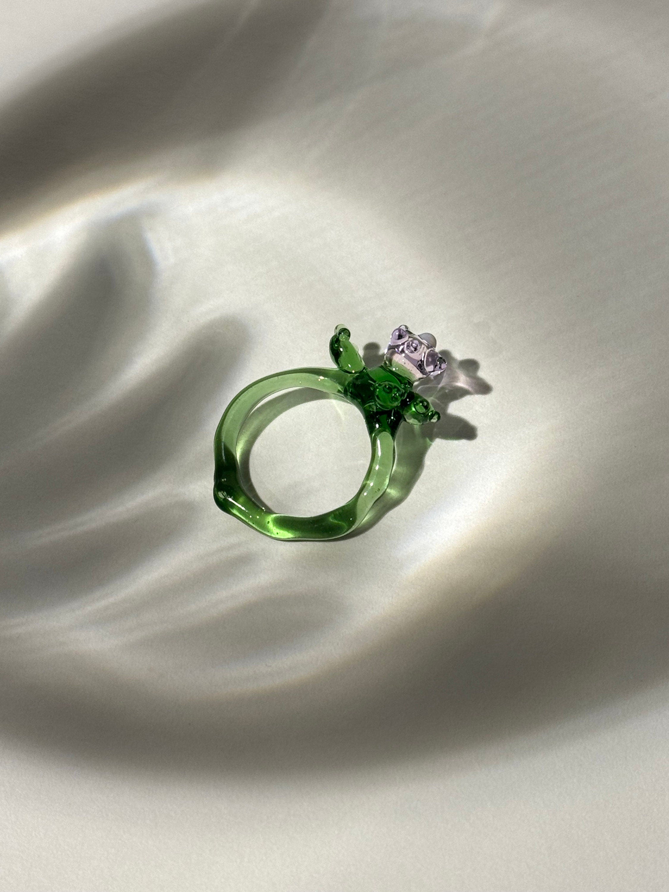 Borosilicate Glass Flower Ring: Handmade Green & Rose Jewelry
