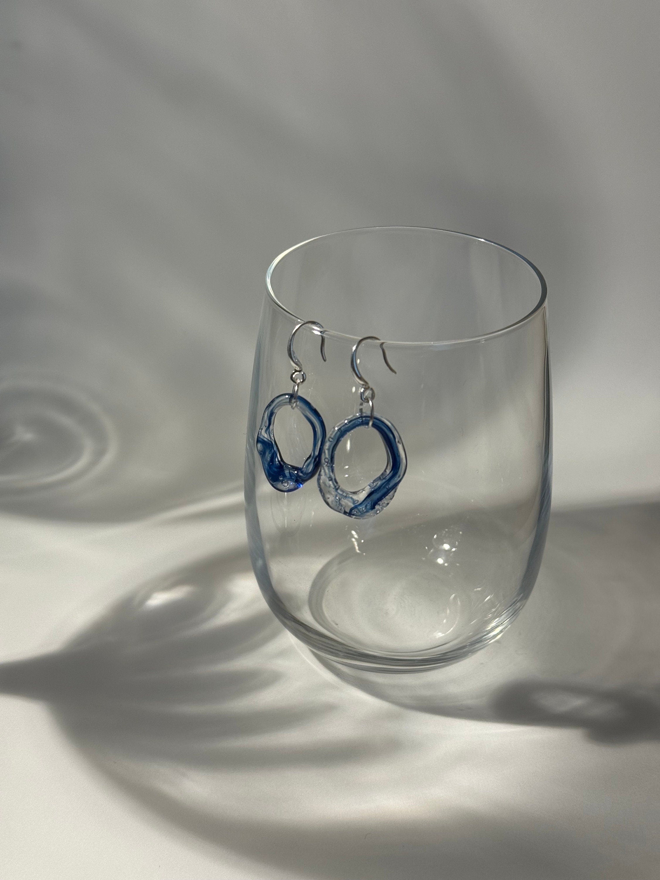 Handcrafted Blue Ocean Wave Glass Hoop Earrings