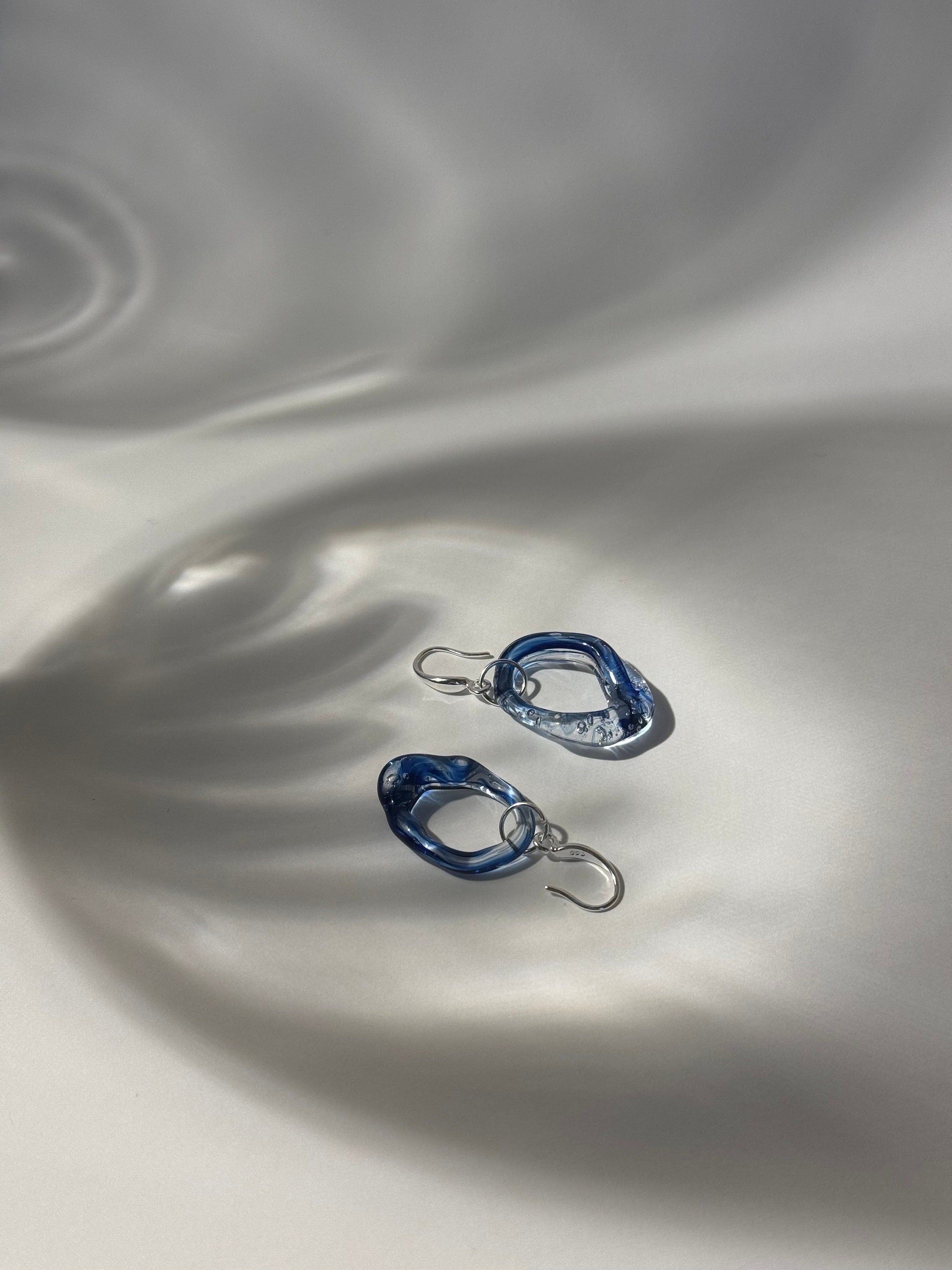 Handcrafted Blue Ocean Wave Glass Hoop Earrings