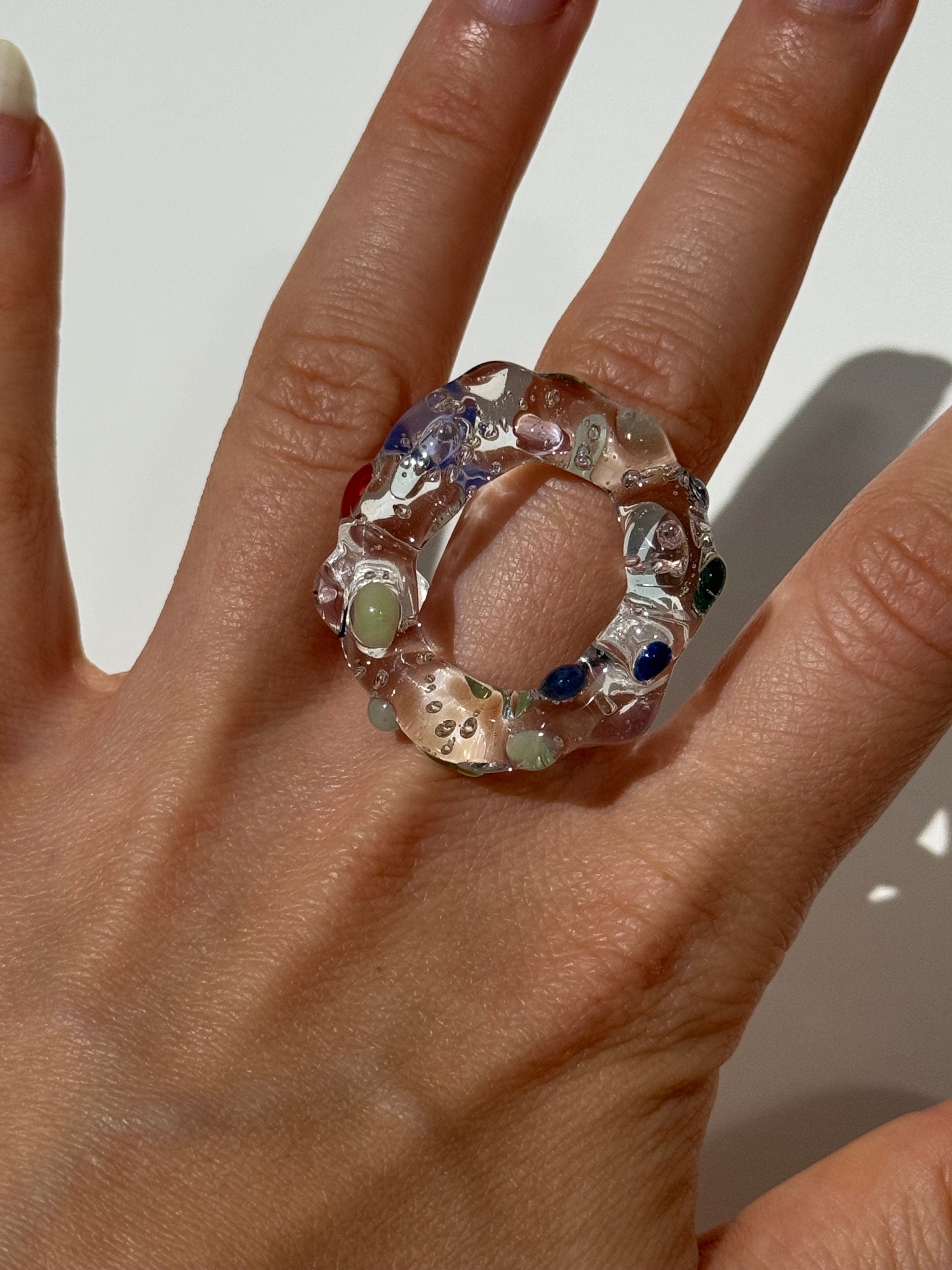 Chunky Borosilicate Glass Ring: Colorful Circle Jewelry, Handmade
