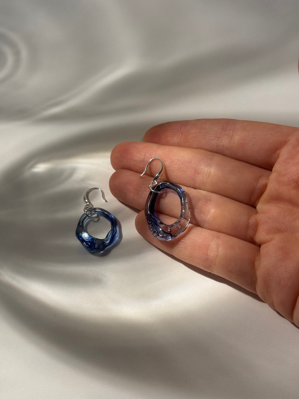 Handcrafted Blue Ocean Wave Glass Hoop Earrings