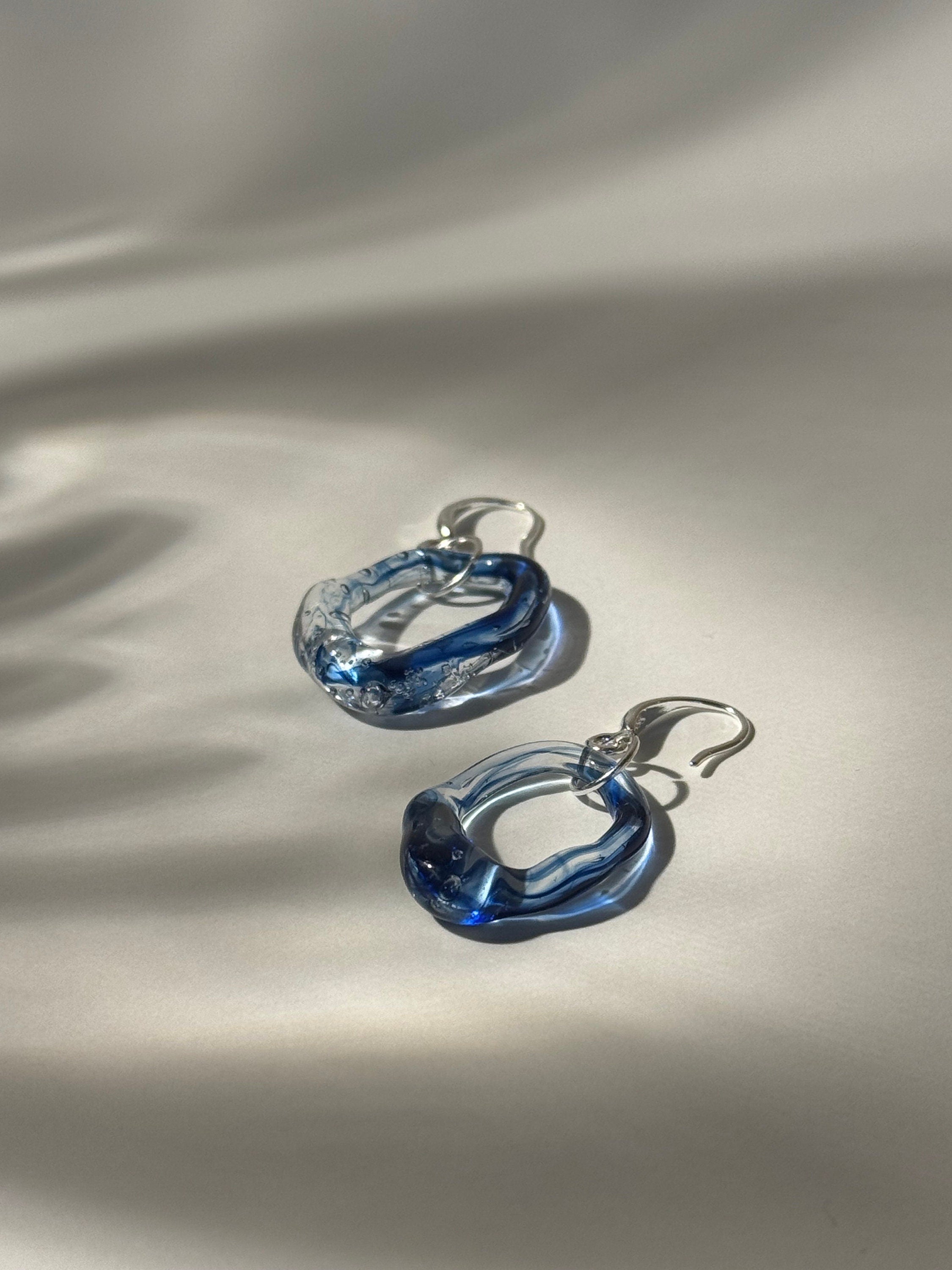 Handcrafted Blue Ocean Wave Glass Hoop Earrings