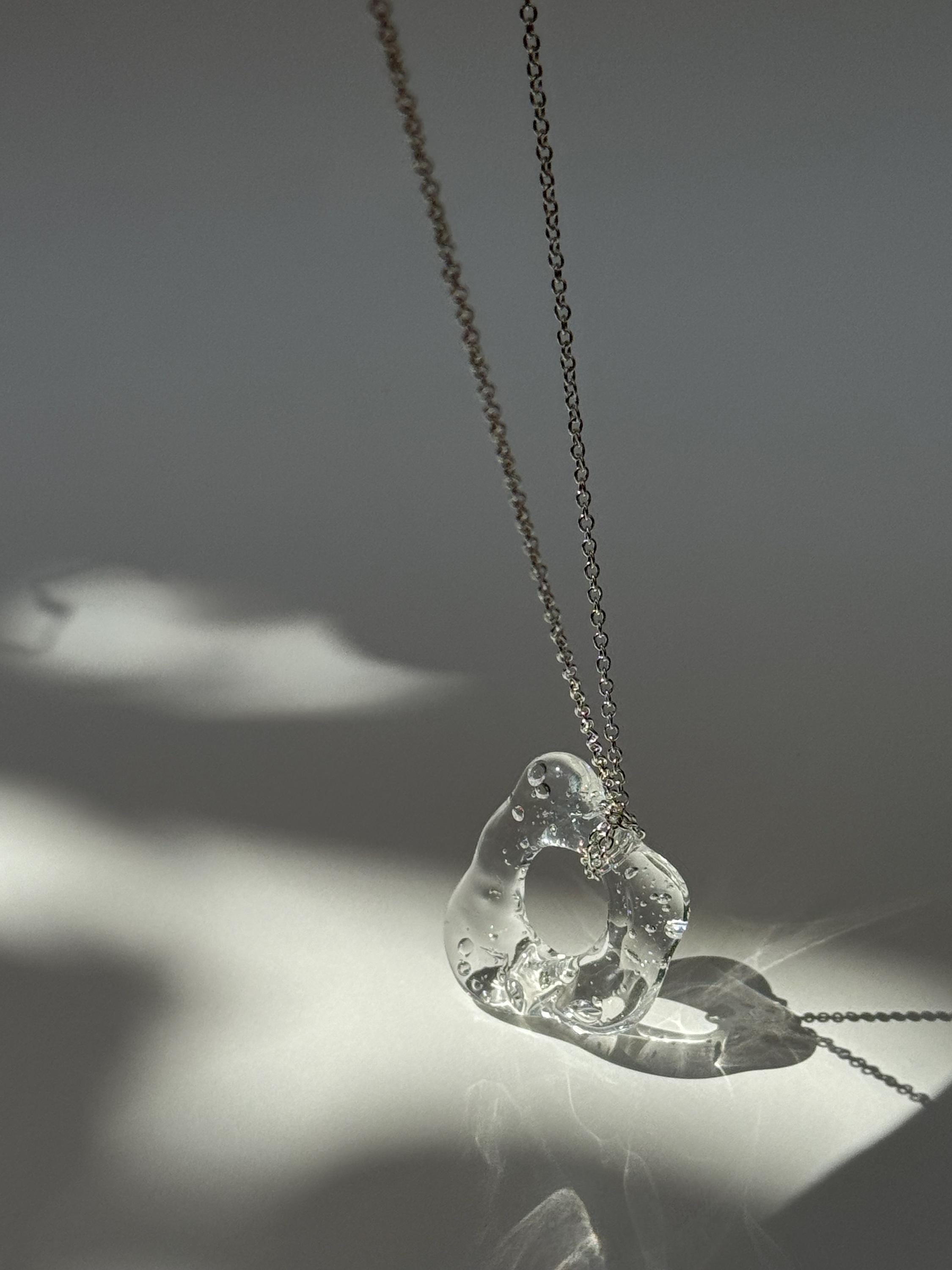 Minimalist Clear Glass & Sterling Silver Necklace - Unique Handmade Borosilicate Organic Jewelry, Water inspired present