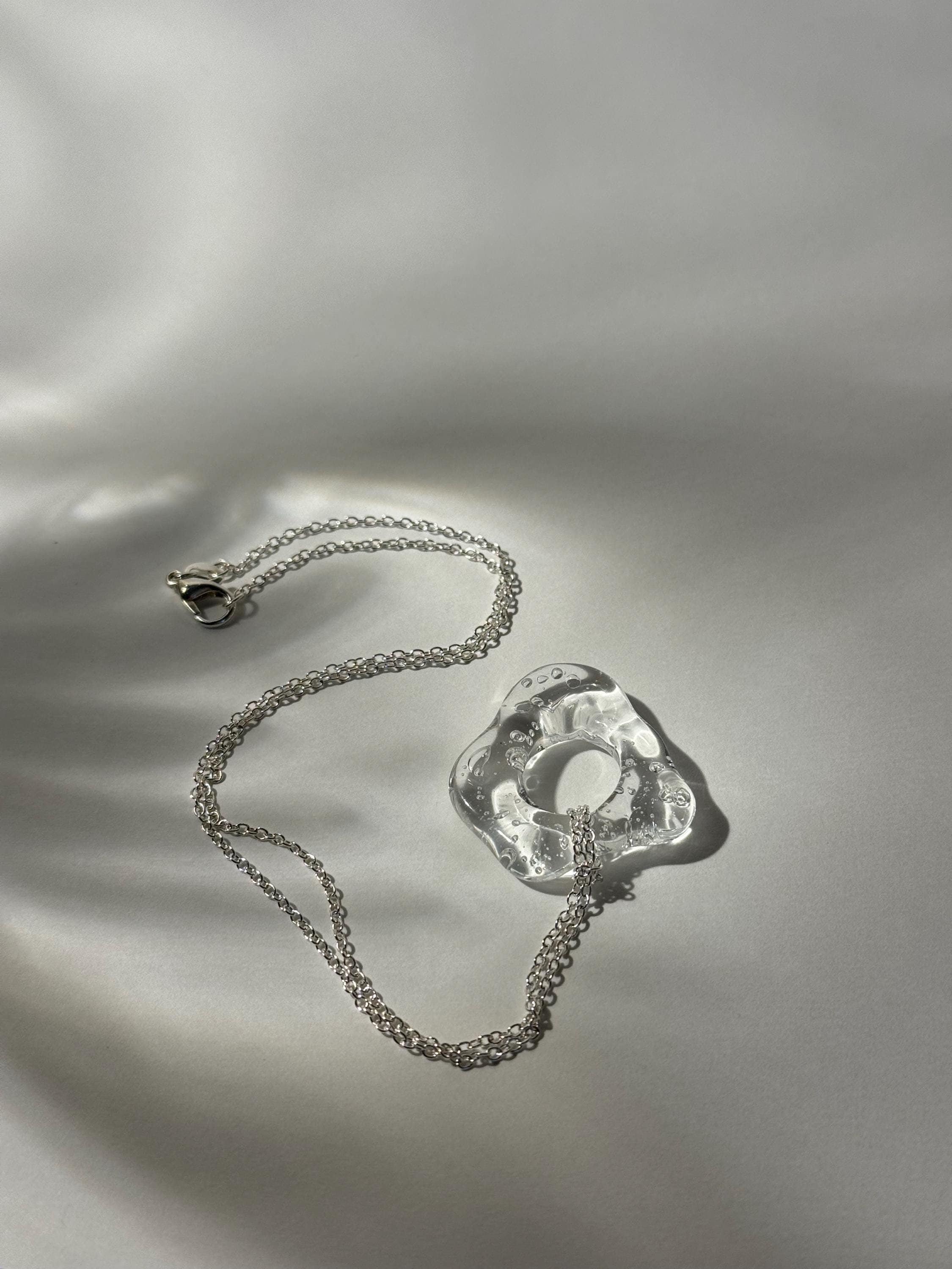 Minimalist Clear Glass & Sterling Silver Necklace - Unique Handmade Borosilicate Organic Jewelry, Water inspired present