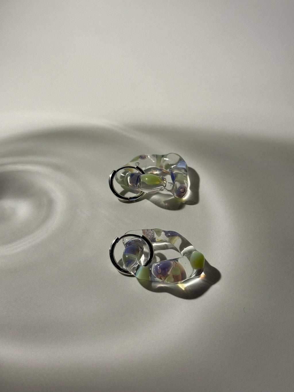 Dotted Green and Lilac Glass Hoop Earrings