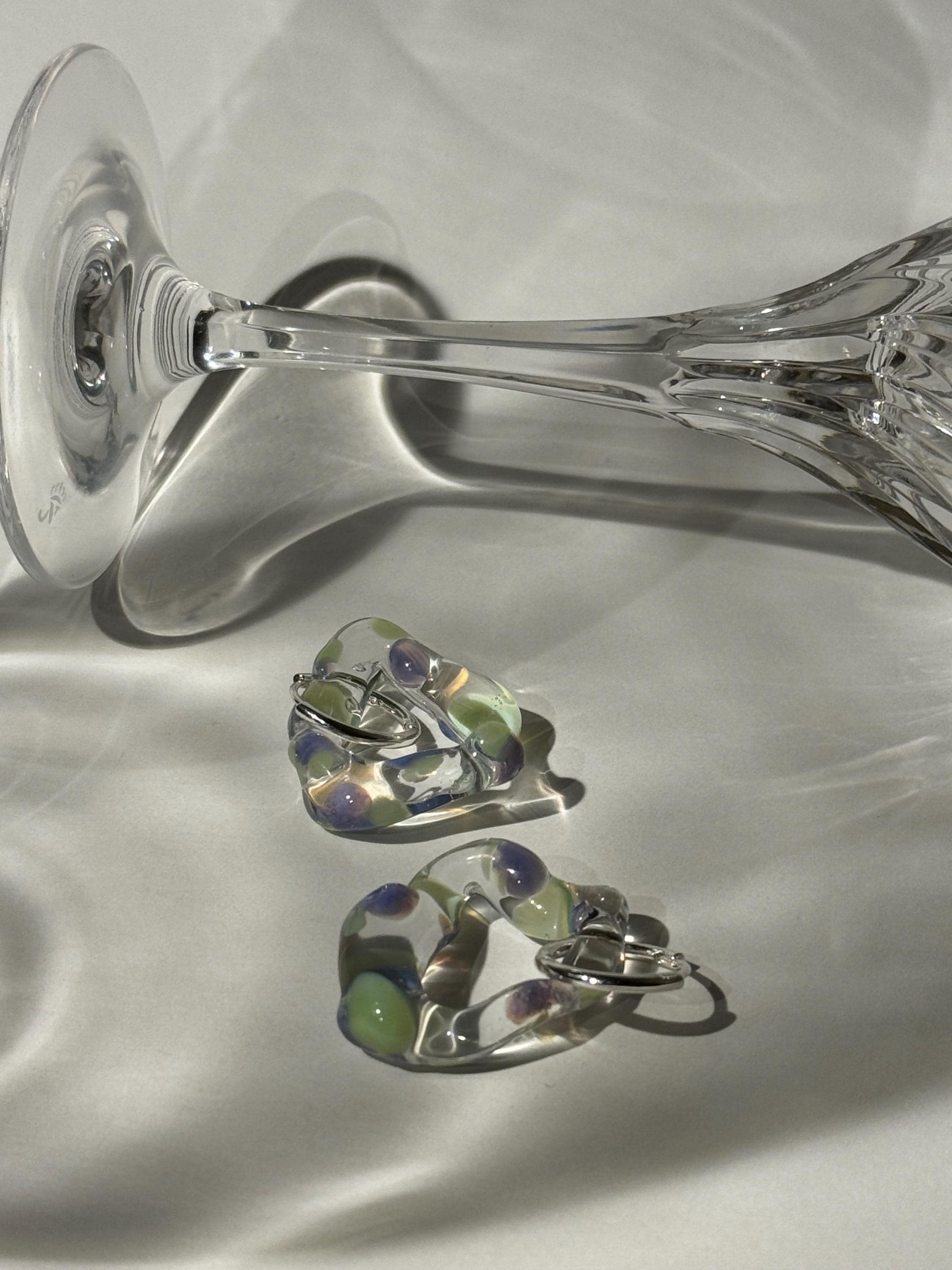 Dotted Green and Lilac Glass Hoop Earrings