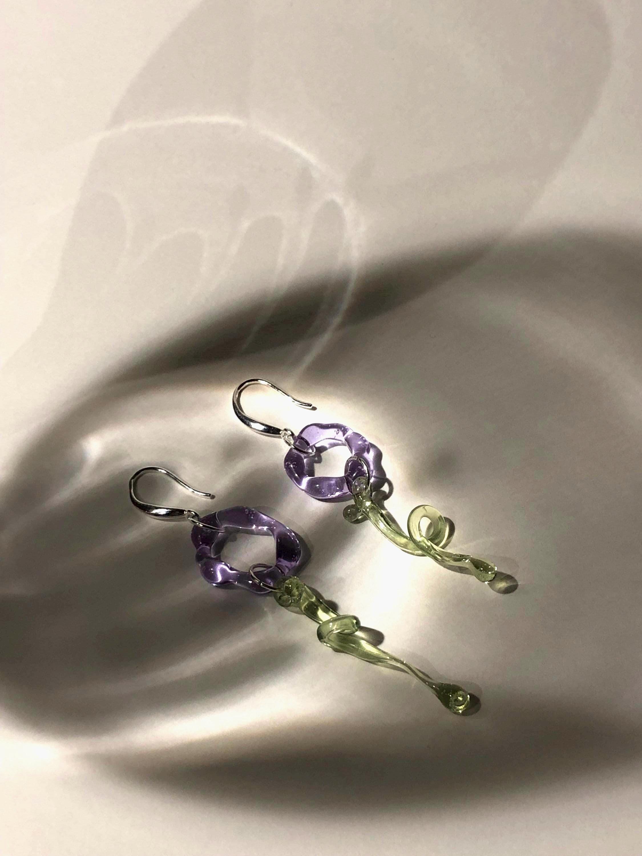 Handmade Lilac & Green Flower Glass Earrings