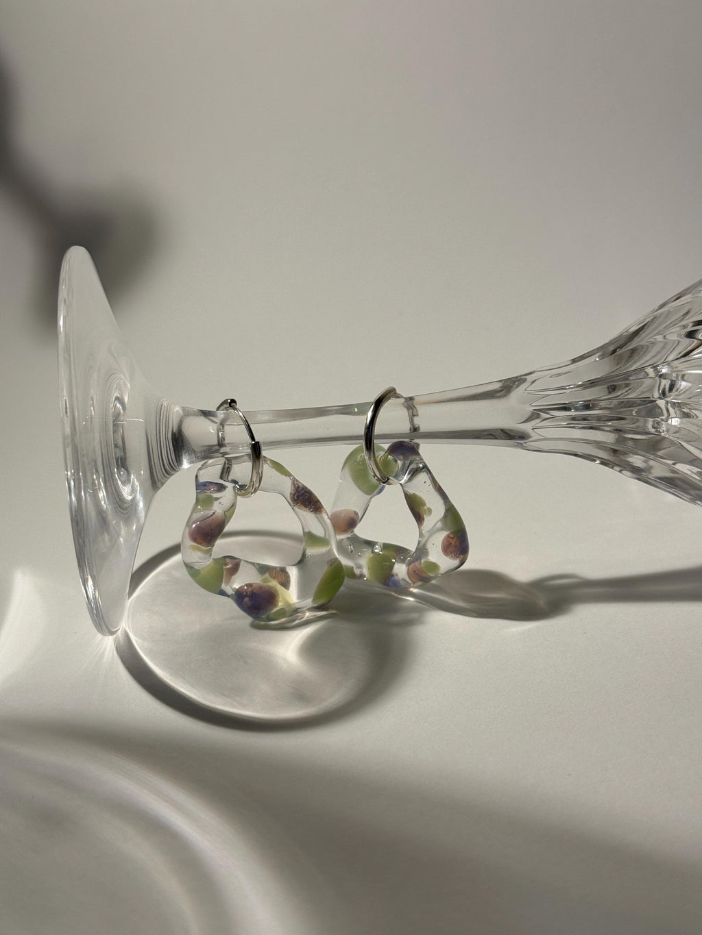 Dotted Green and Lilac Glass Hoop Earrings