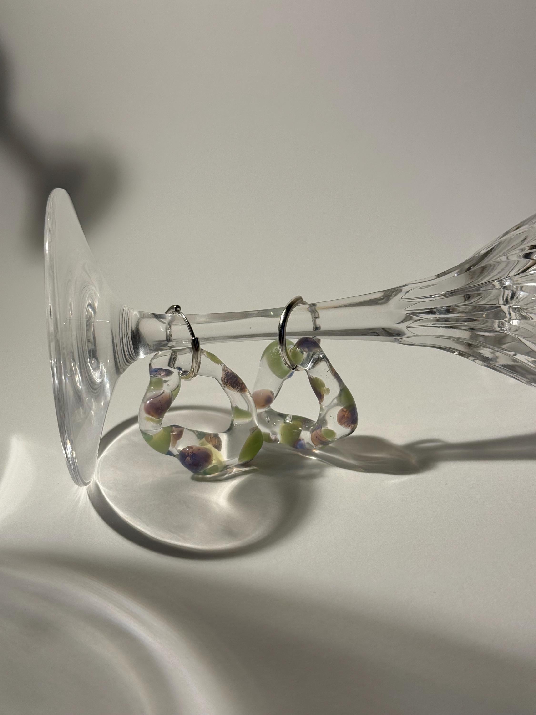Dotted Green and Lilac Glass Hoop Earrings